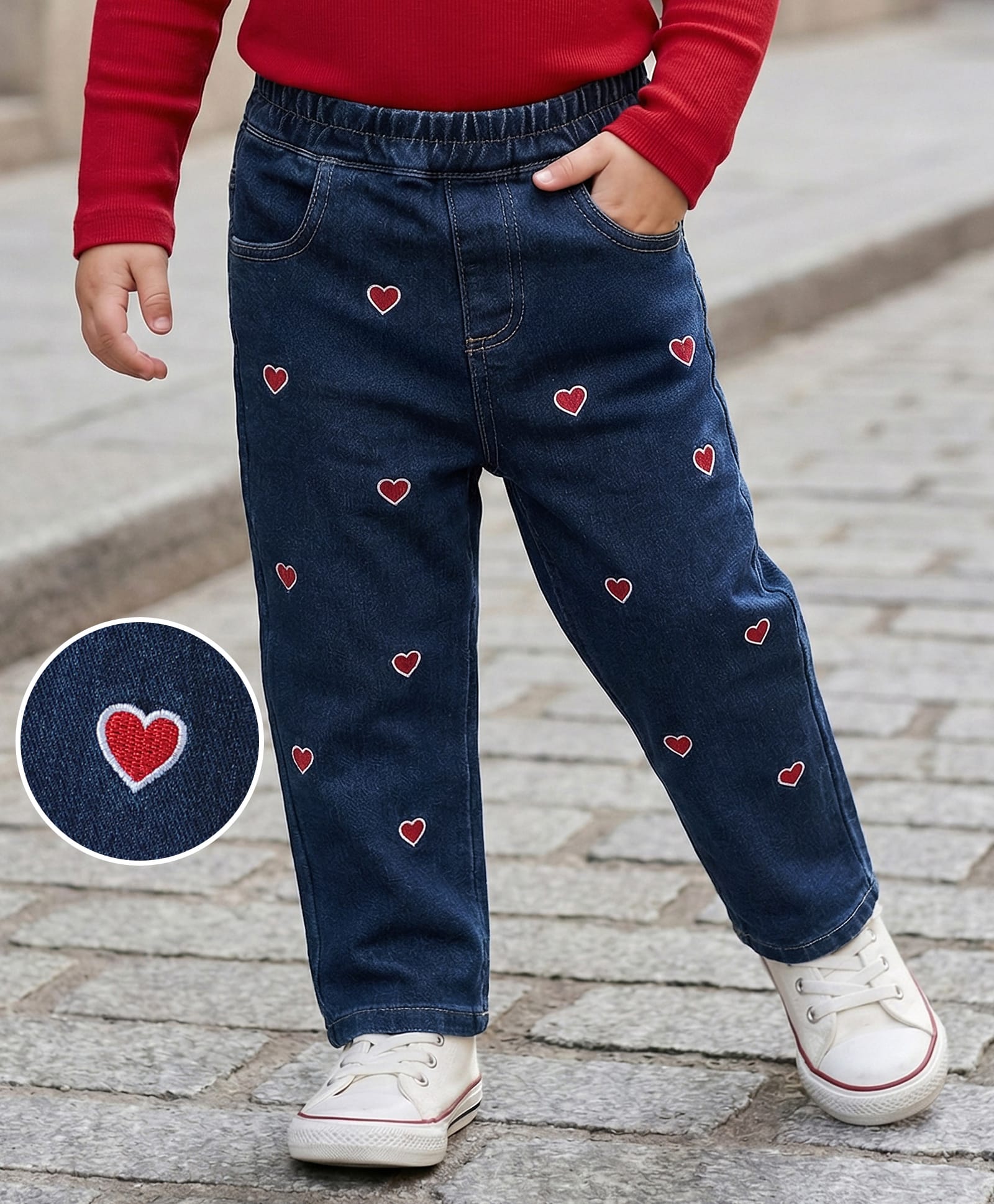 Kookie Kids Full Length Denim Jeans With Hearts Embroidery - Navy Blue-image-45