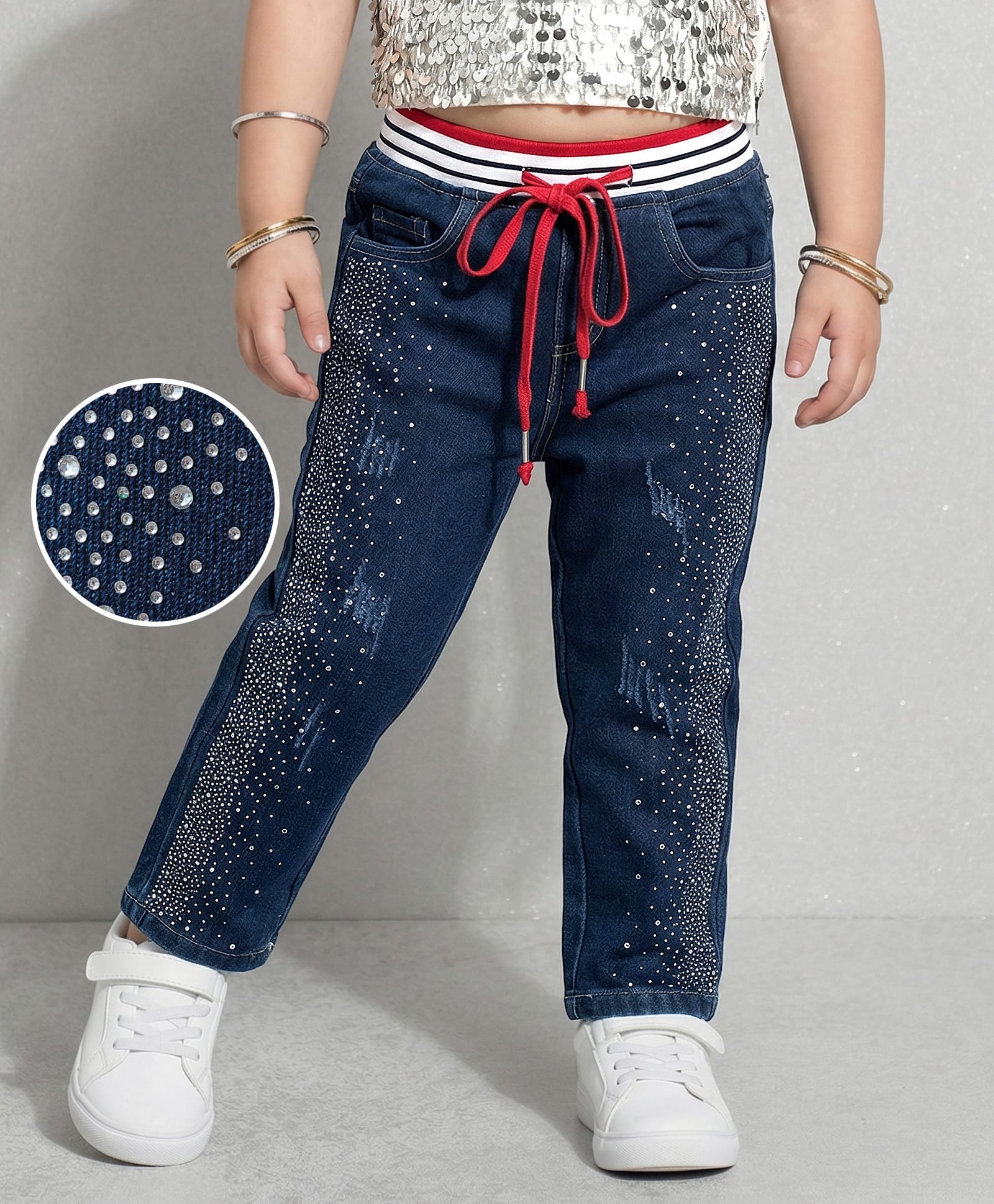 Kookie Kids Full Length Denim Jeans With Glitter Print - Navy Blue-picture-23