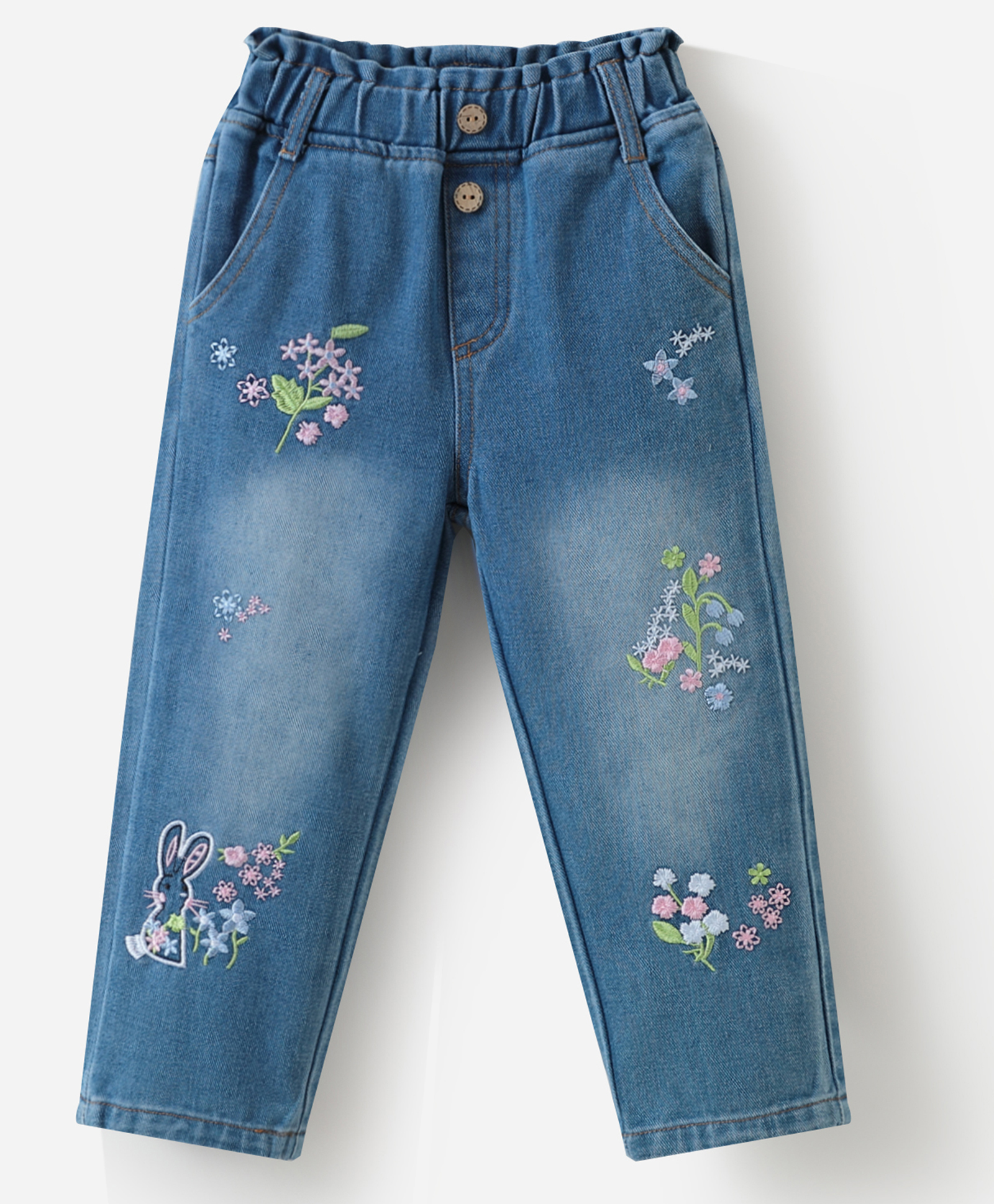 Kookie Kids Full Length Denim Jeans With Floral Embroidery - Blue-image-28