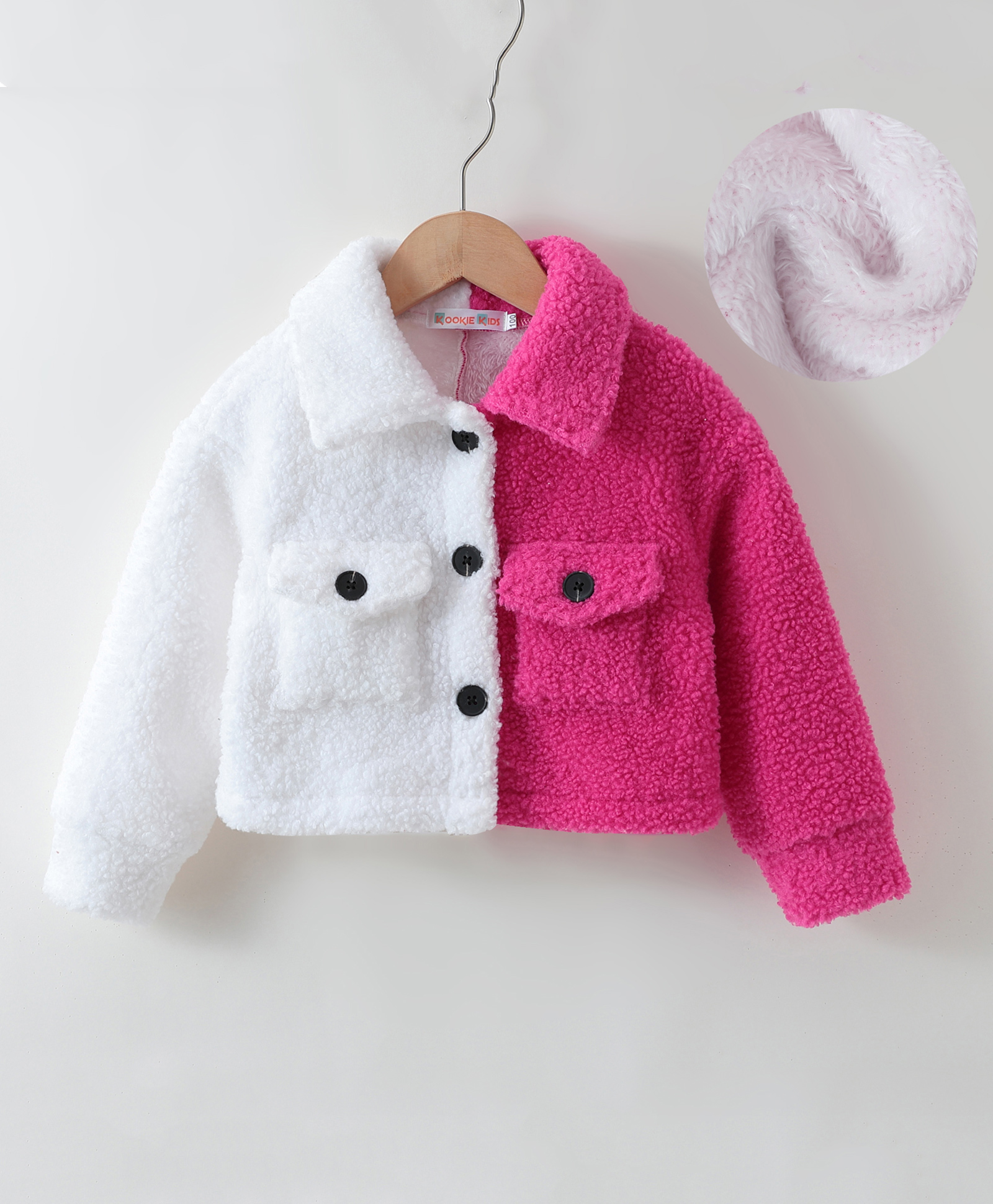 Kookie Kids Full Sleeves Collar Neck Fur Winter Jacket with Colour Block Design - Pink & White-image-33
