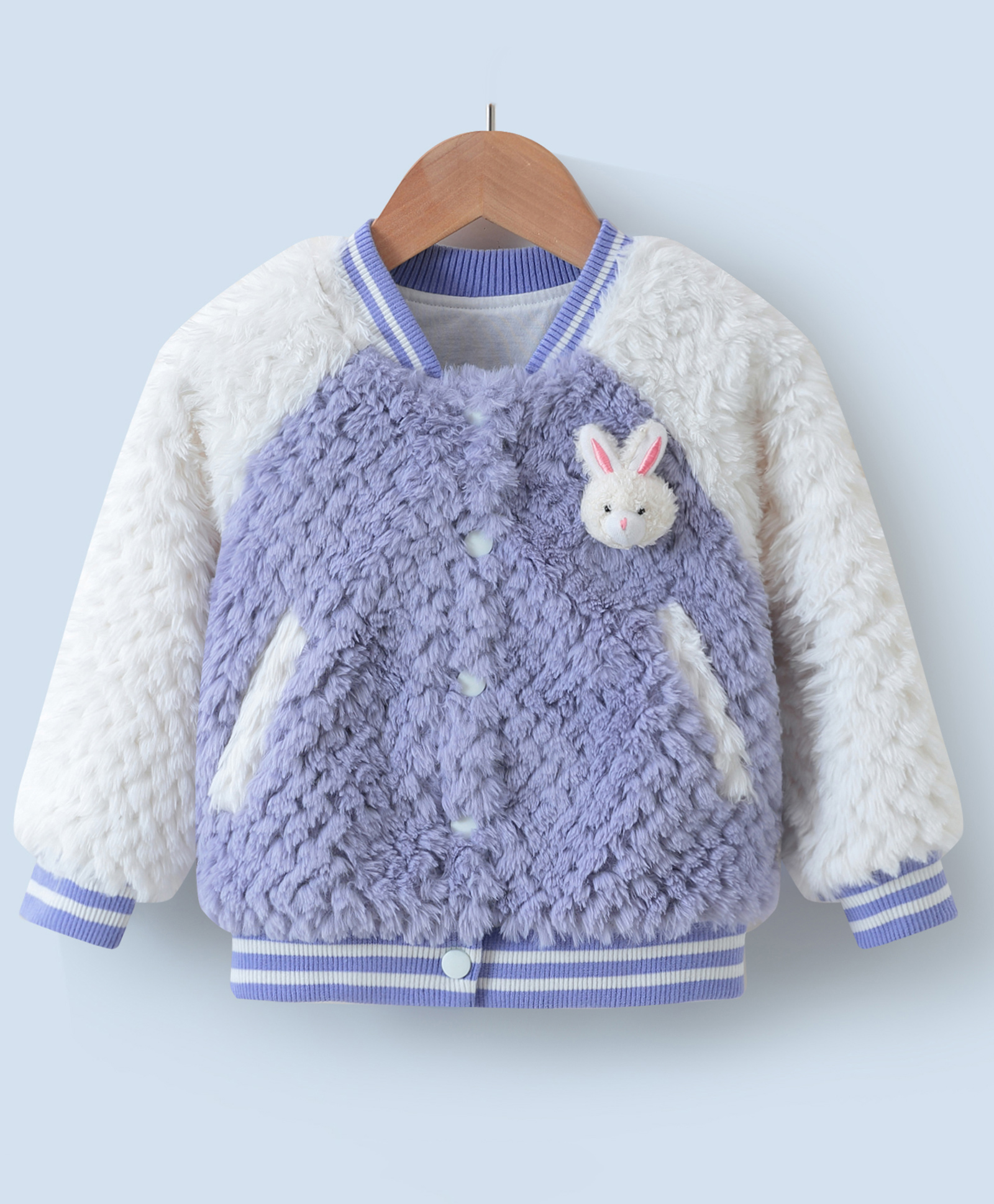 Kookie Kids Full Raglan Sleeves Fur Bomber Jacket with Bunny Applique - White & Sky Blue-image-9
