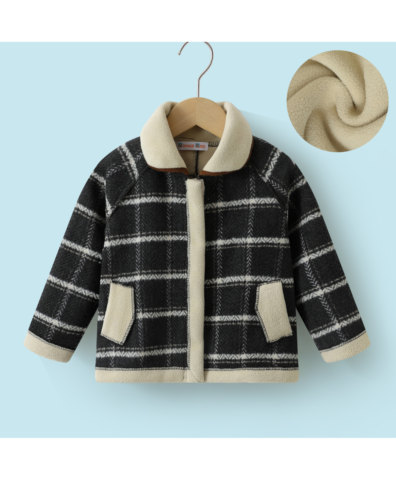 Kookie Kids Full Raglan Sleeves Winter Jacket with Checkered Design - Black-image-10