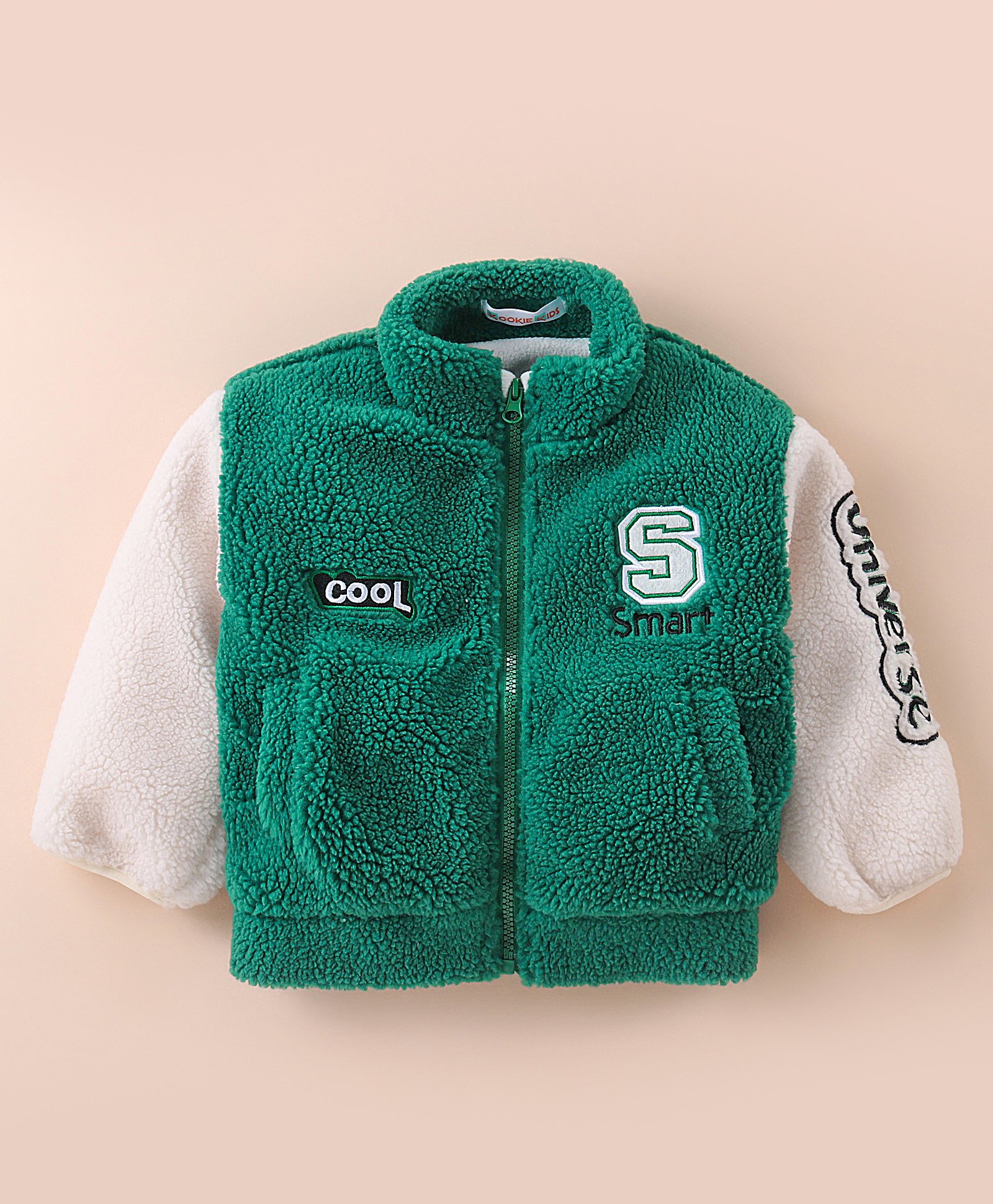 Kookie Kids Full Sleeves Winter Fur Jacket with Text Patch & Pockets - Green-image-18
