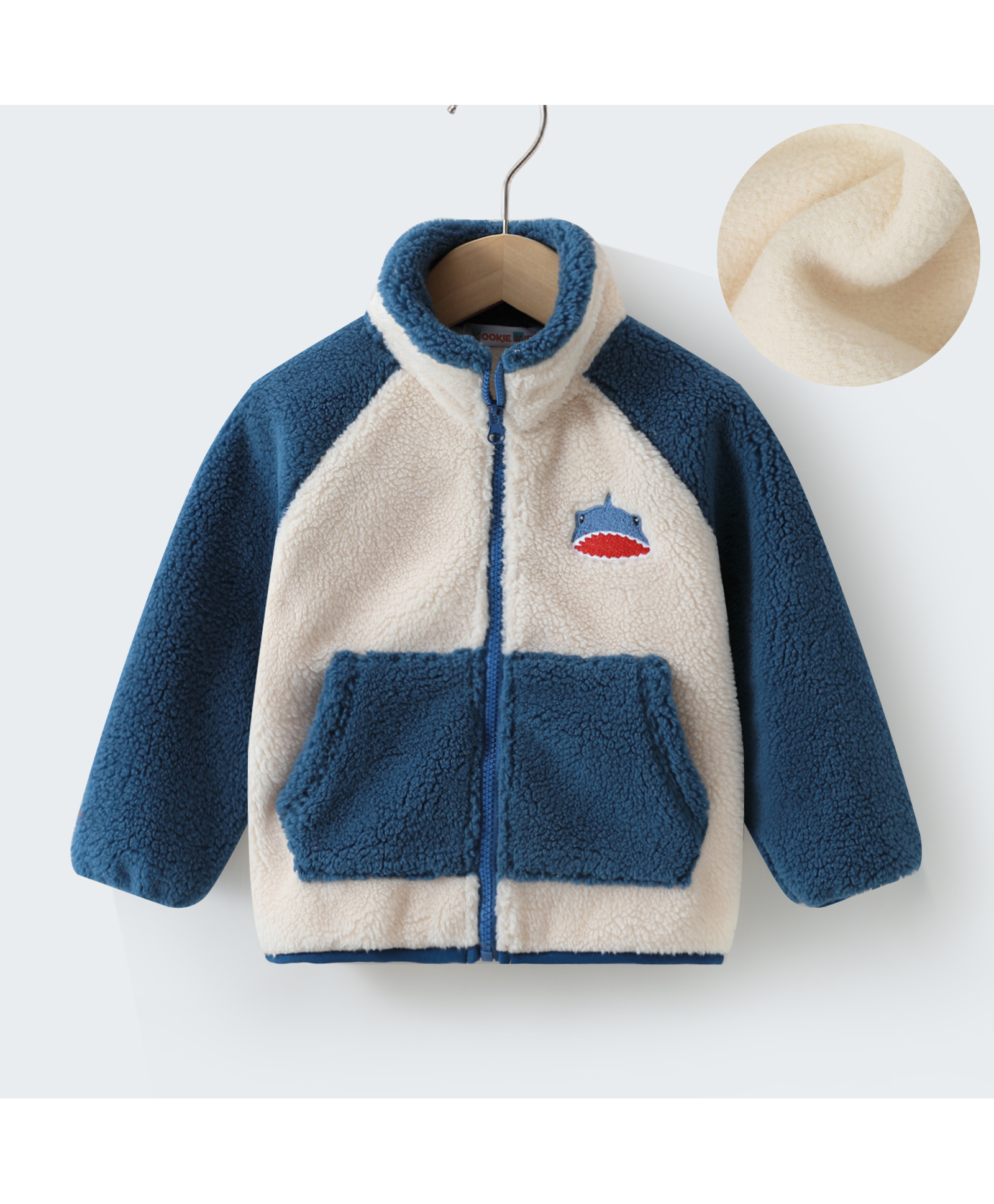 Kookie Kids Full Raglan Sleeves High Neck Winter Fur Jacket with Shark Patch Detailing & Kangaroo Pockets - Blue-image-0