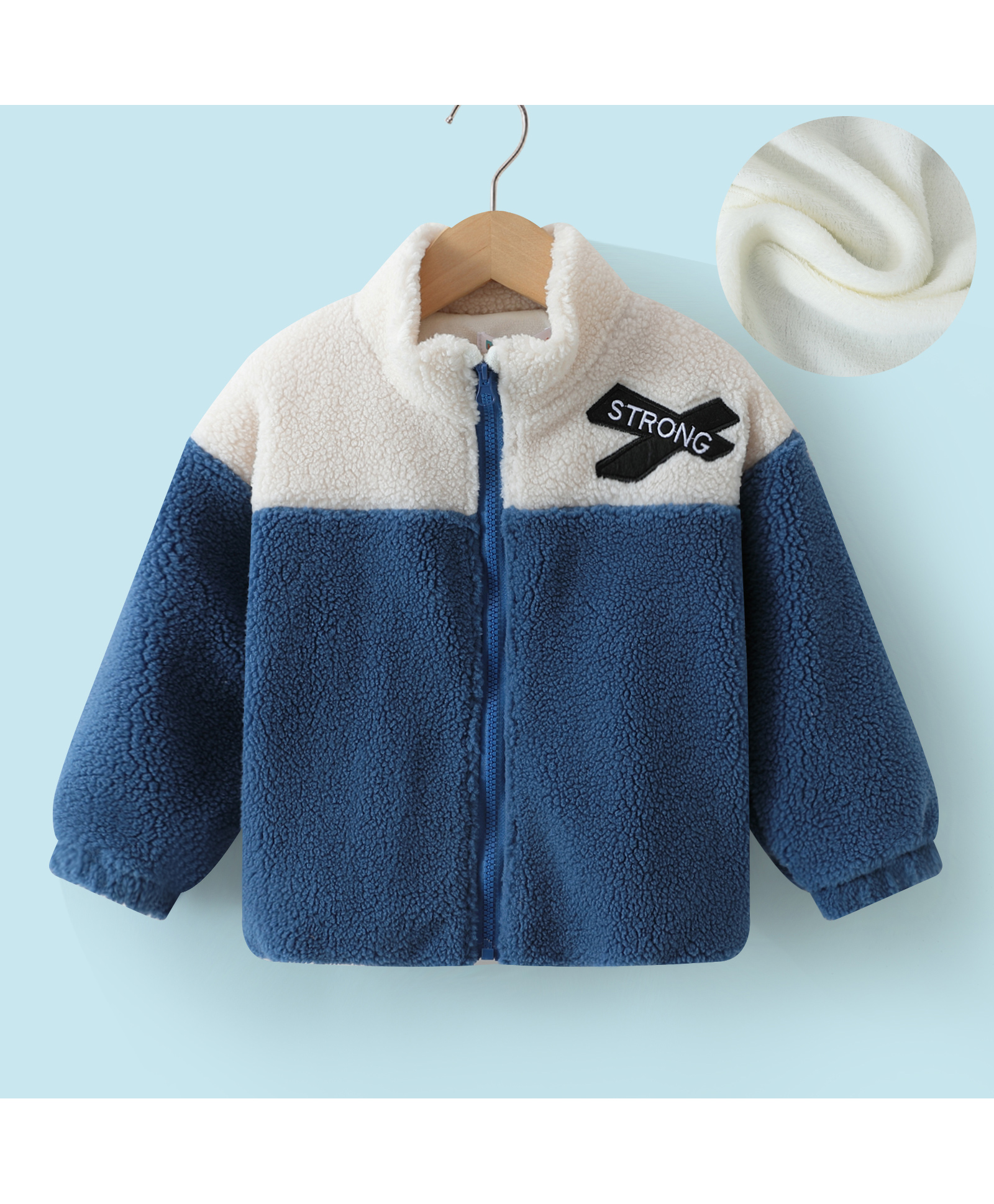Kookie Kids Full Sleeves High Neck Drop Shoulder Winter Fur Jacket with Colour Block Design & Patch Detailing - Blue-picture-11