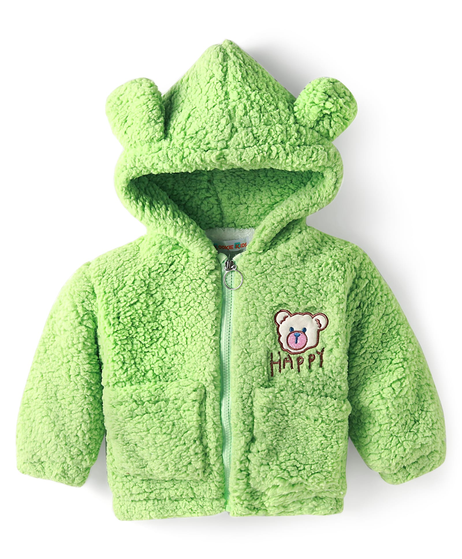 Kookie Kids Full Sleeves Hooded Winter Jacket with Bear Patch & Ear Applique - Light Green-image-16