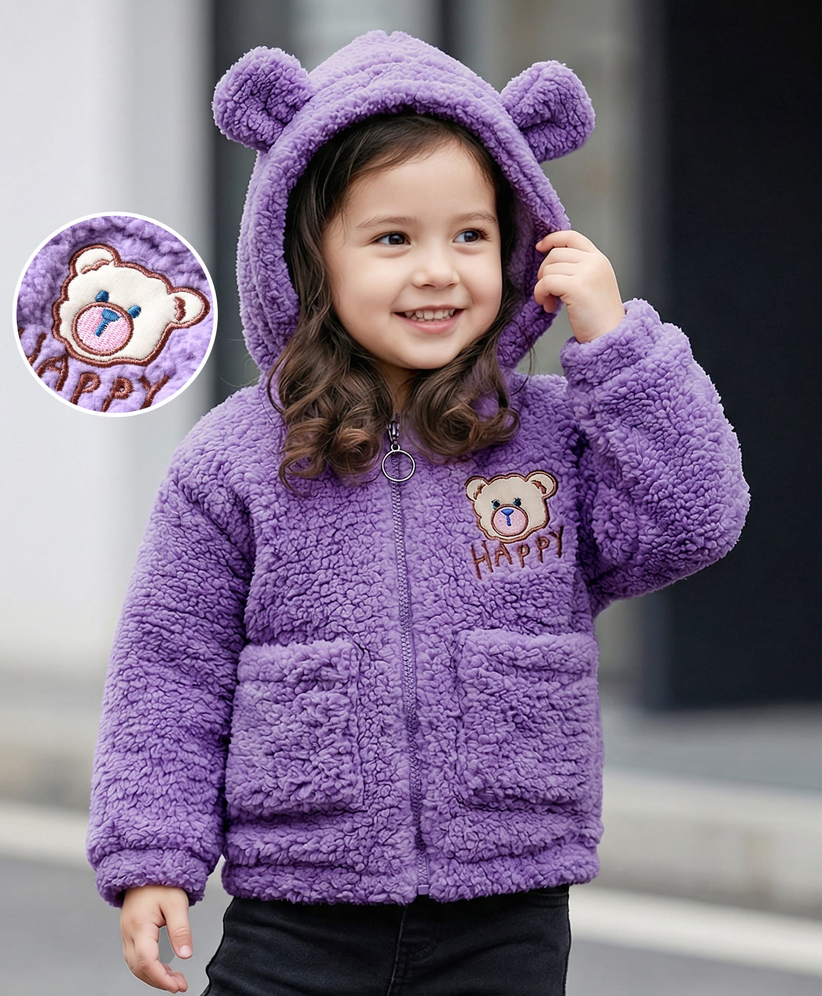 Kookie Kids Full Sleeves Hooded Winter Jacket with Bear Patch & Ear Applique - Purple-image-47