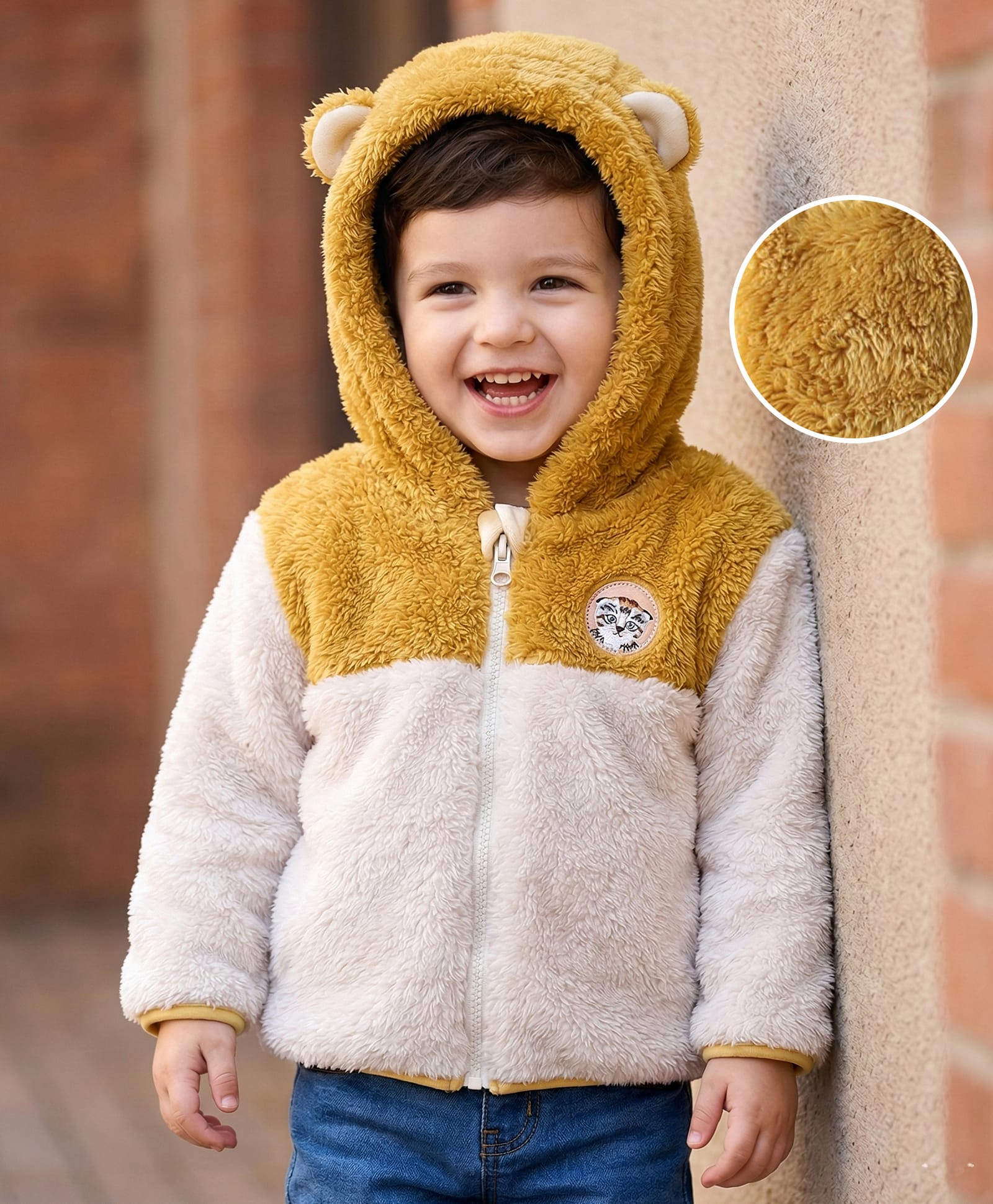 Kookie Kids Full Sleeves Hooded Fur Winter Jacket With Ear Applique - Cream & Brown-picture-19