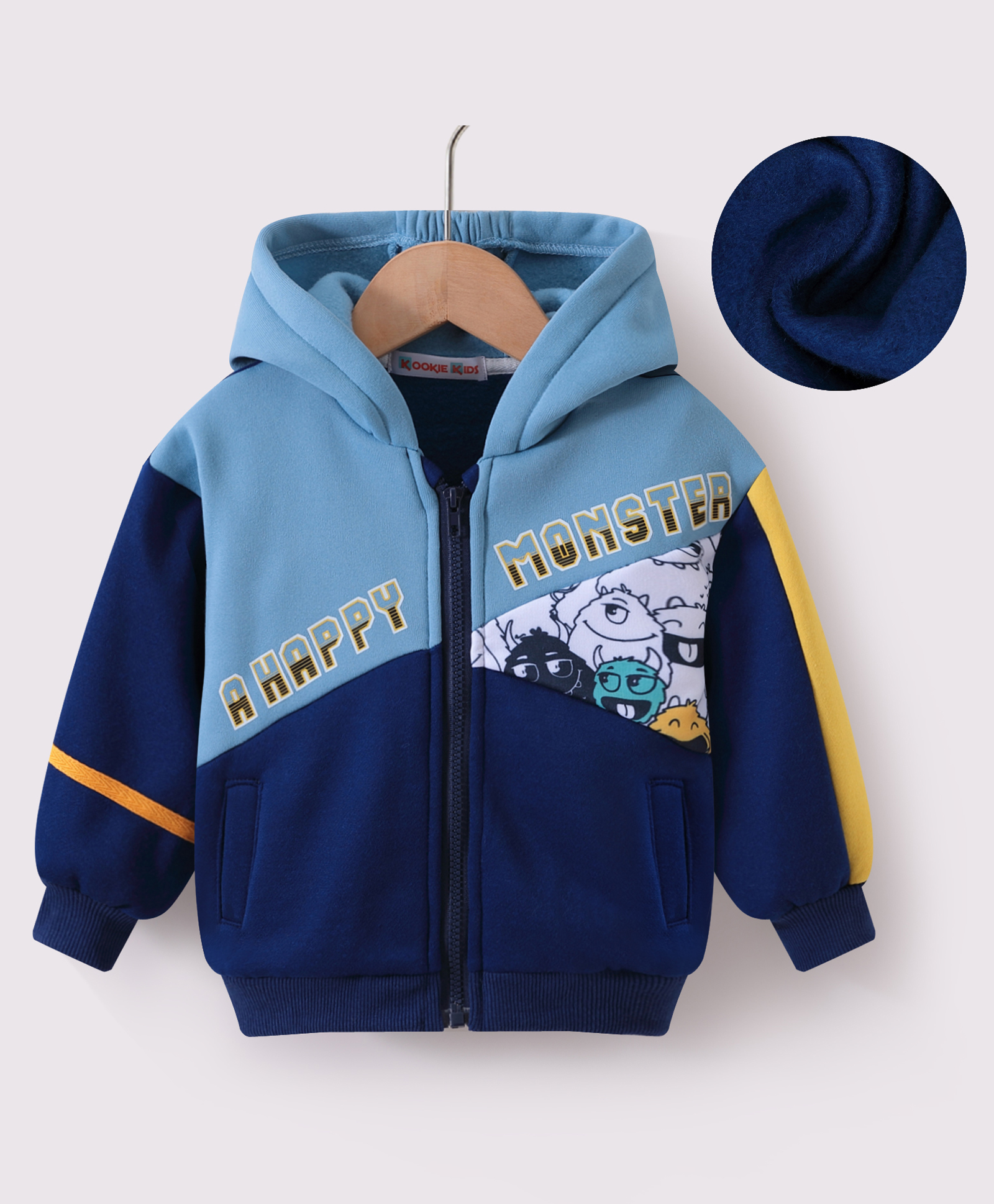 Kookie Kids Full Sleeves Cut & Sew Designed Hooded Sweatjacket with Text Print - Blue-image-33