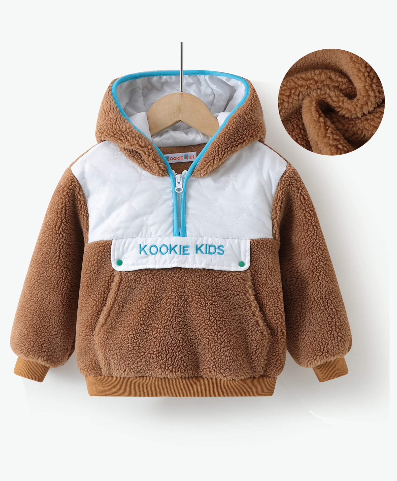 Kookie Kids Full Sleeves Hooded Winter Fur Jacket with Colour Block Design & Kangaroo Pockets - Brown-image-32