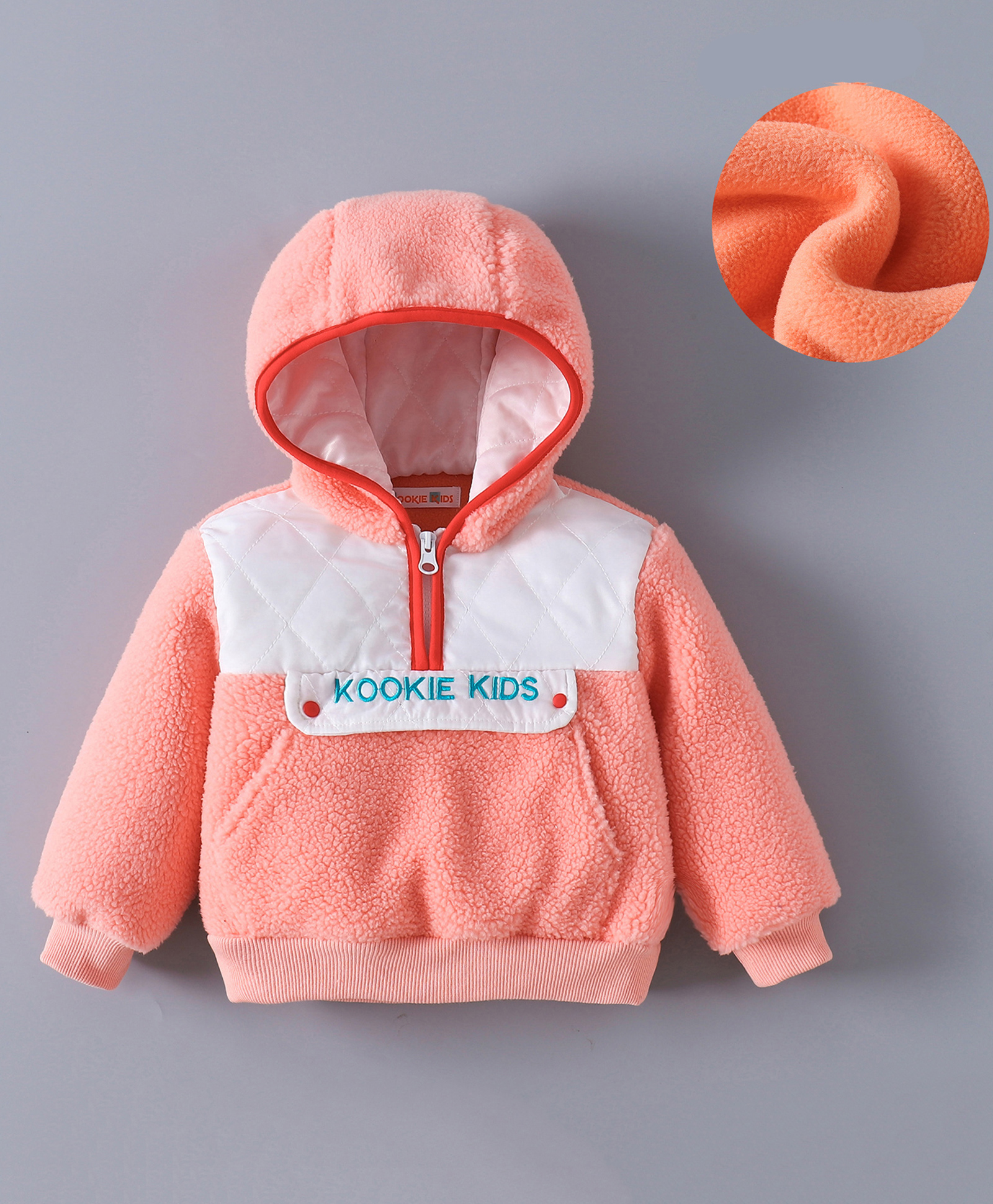 Kookie Kids Full Sleeves Hooded Winter Fur Jacket with Colour Block Design & Kangaroo Pockets - Pink-image-30