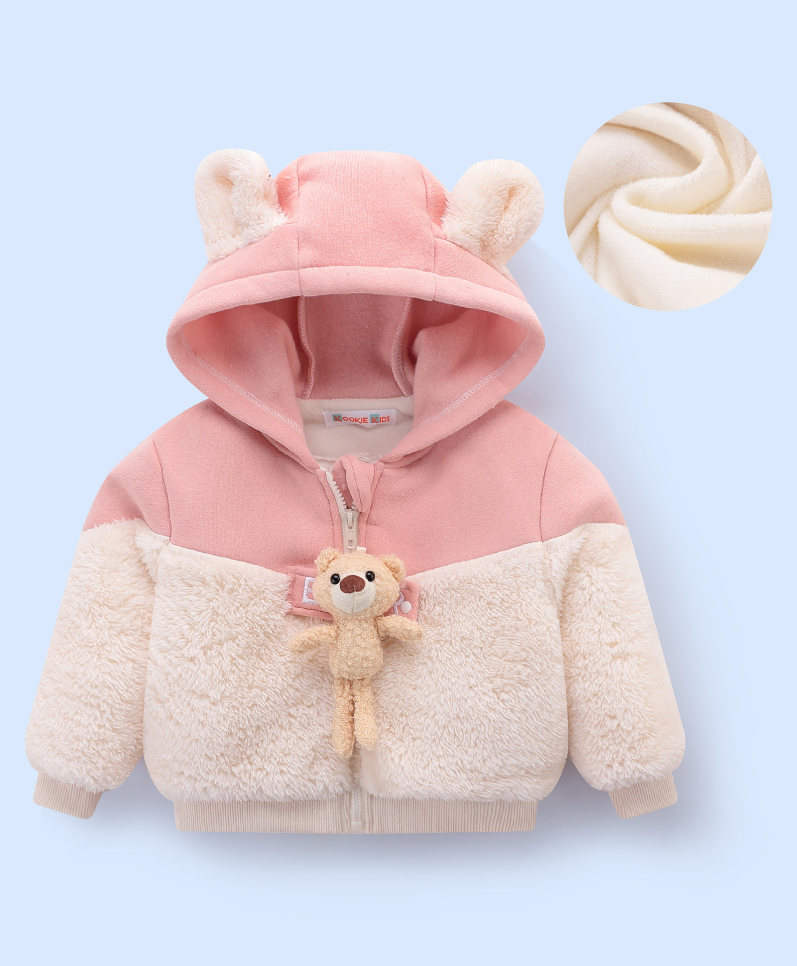 Kookie Kids Full Sleeves Hooded Winter Fur Jacket with Bear Applique - Pink-image-49