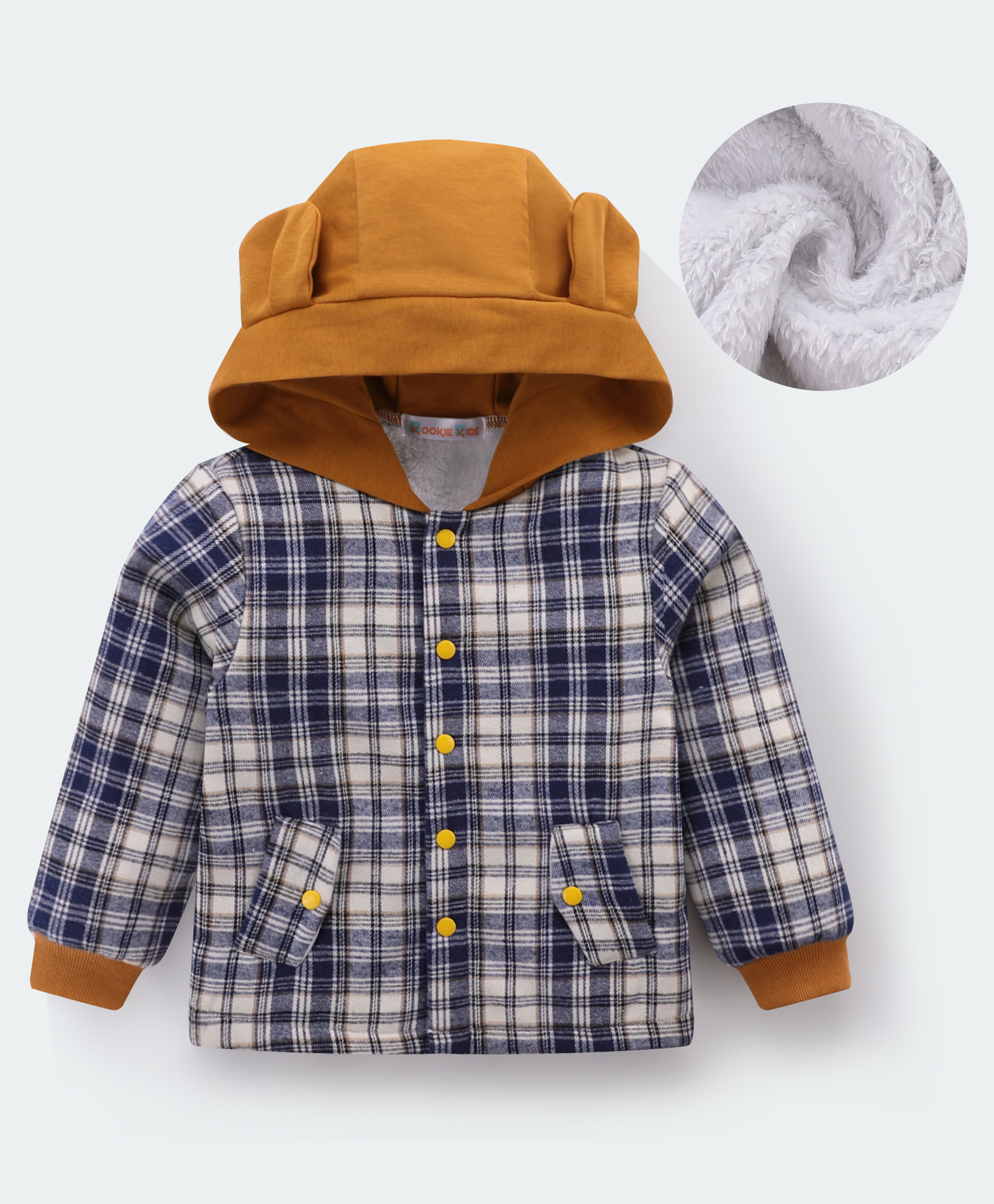 Kookie Kids Full Sleeves Checkered Hooded Winter Jacket with 3D Applique - Brown & Blue-image-47