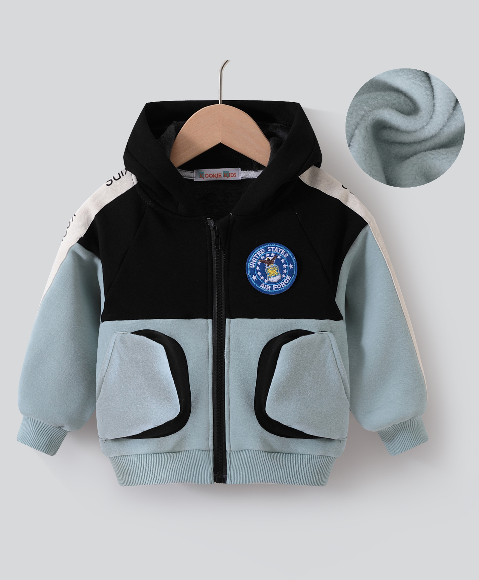 Kookie Kids Full Sleeves Cut & Sew Designed Hooded Sweatjacket with Patch Detailing - Black & Blue-image-36