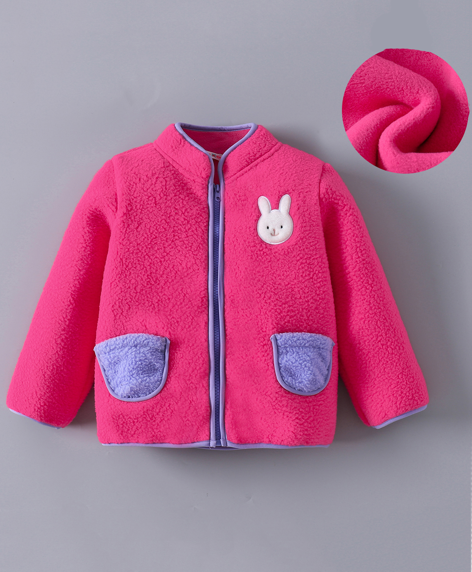 Kookie Kids Full Sleeves High Neck Collared Winter Fur Jacket with Bunny Applique - Dark Pink-picture-23