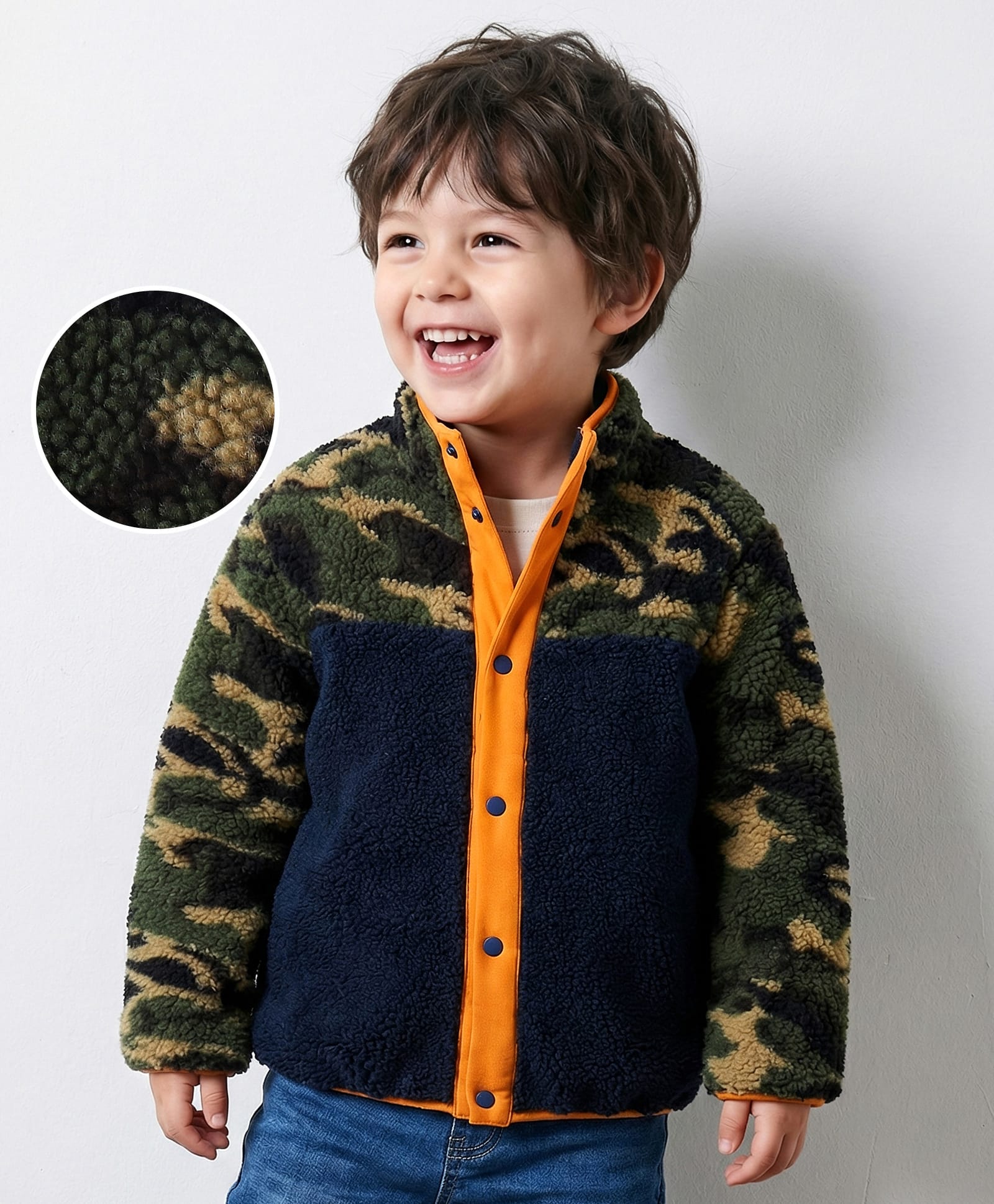 Kookie Kids Full Sleeves High Neck Winter Fur Jacket with Colour Block & Camouflage Design - Black-picture-22