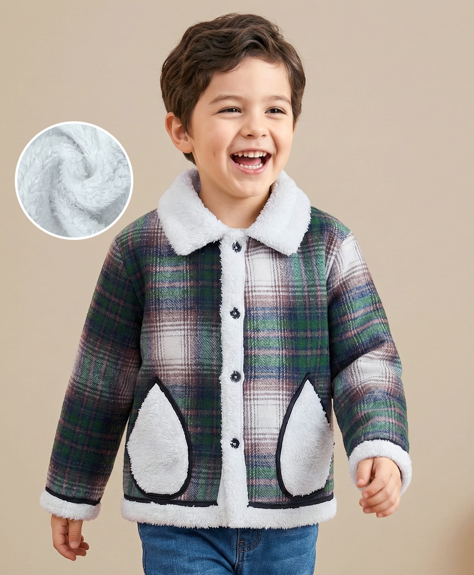 Kookie Kids Full Sleeves Checkered Collared Winter Jacket with Pocket - Dark Green-picture-16