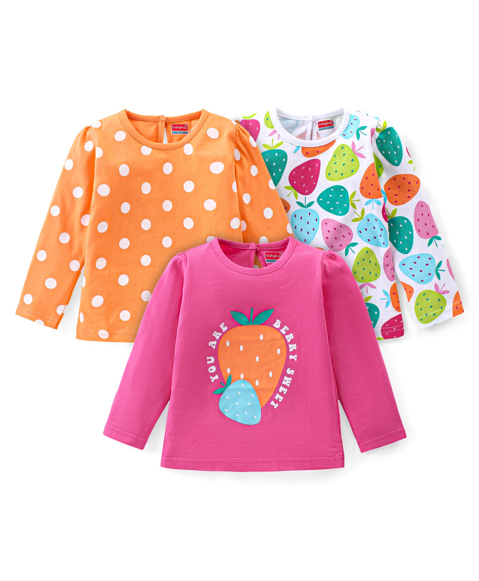 Babyhug Cotton Knit Full Sleeves Tops Polka Dots & Strawberry Print Pack of 3 - Pink Orange & White-image-24