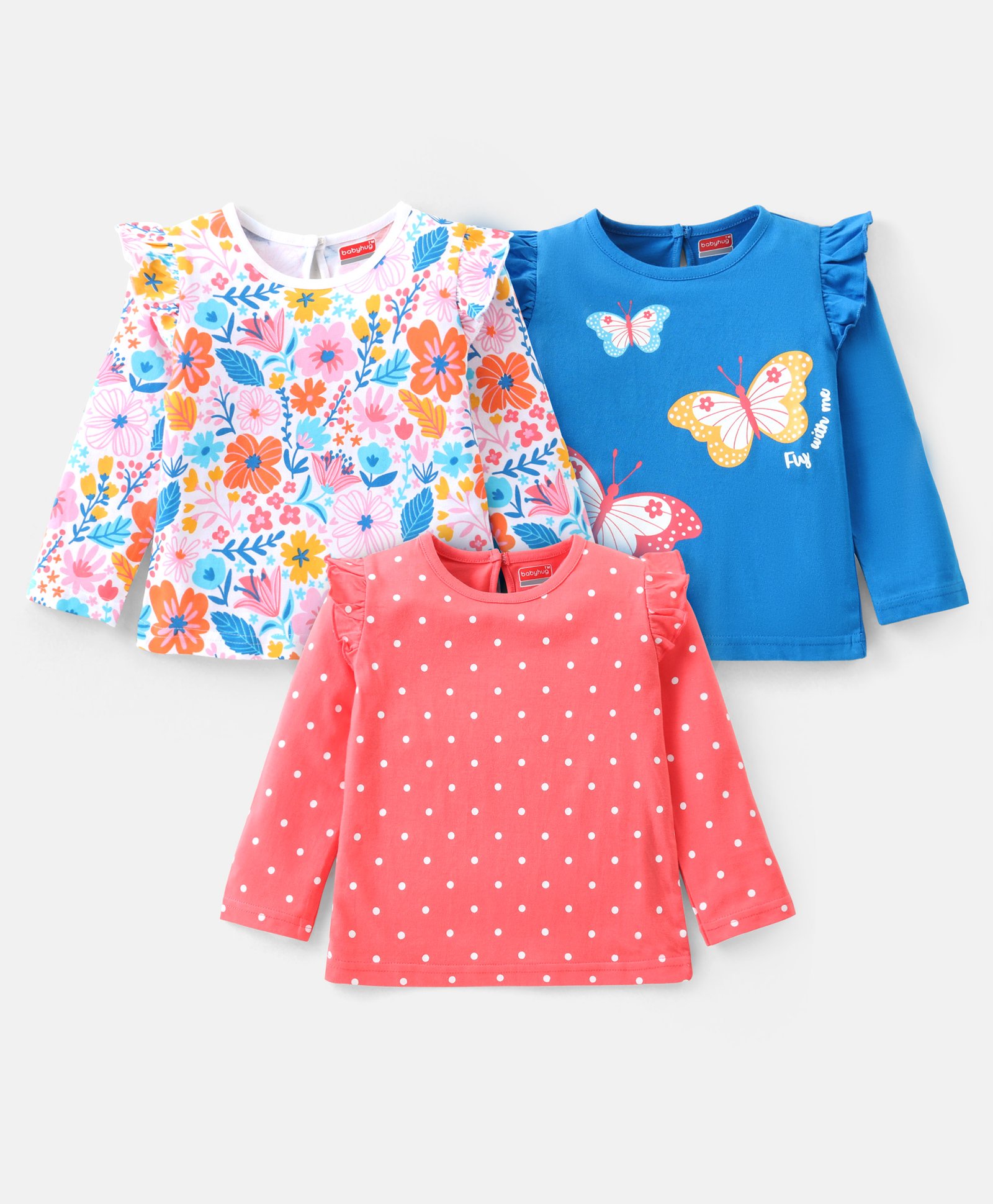 Babyhug Cotton Knit Full Sleeves Top with Floral & Polka Dots Print Pack of 3 - Pink Blue & Dark Pink-image-38