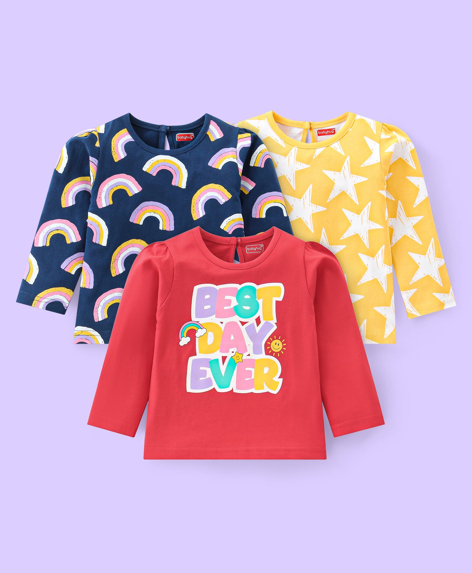Babyhug Cotton Knit Full Sleeves Tops with Star & Text Print Pack of 3 - Navy Yellow & Red-image-22