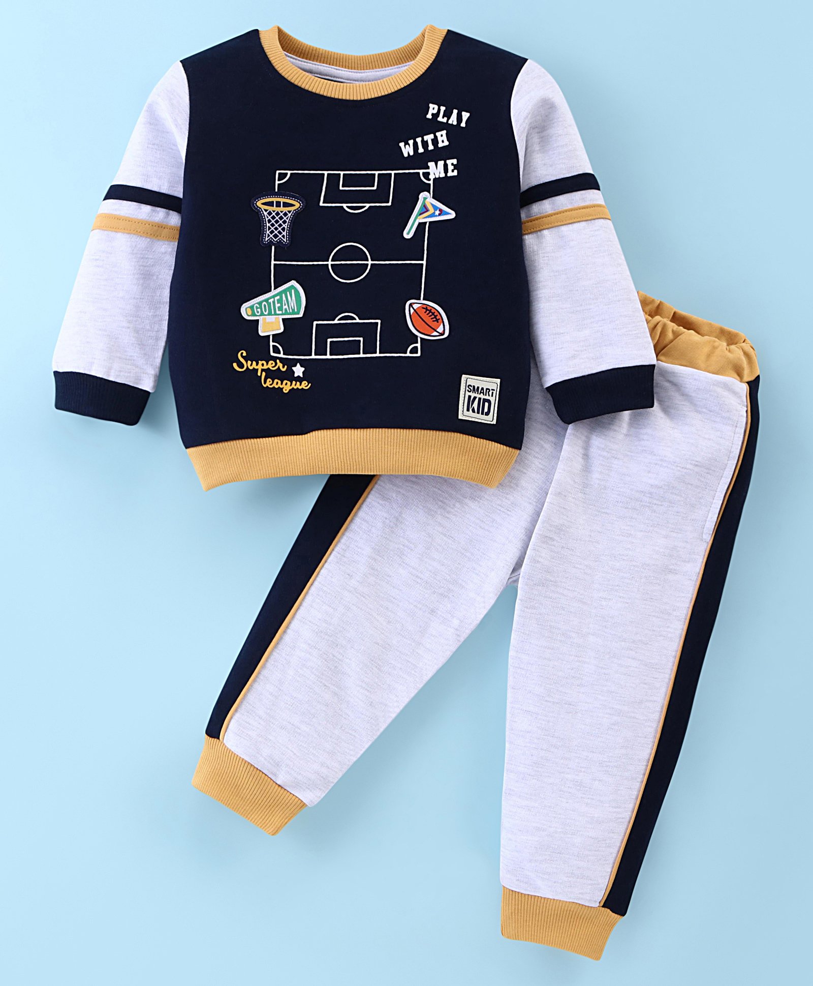 ToffyHouse 100% Cotton Knit Full Sleeves T-Shirt & Lounge Pants Set With Sports Patches - Light Grey & Black-picture-21