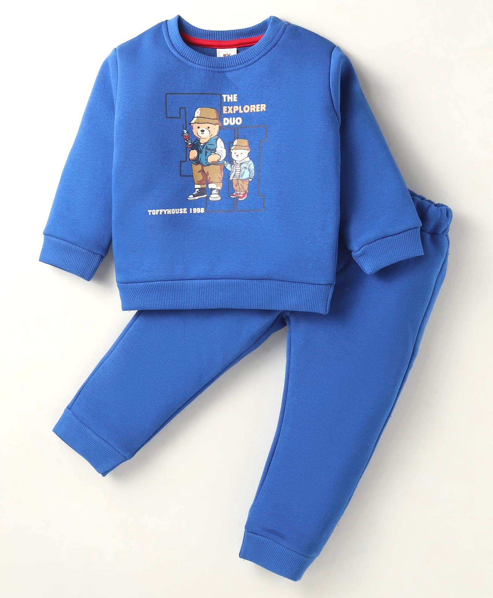 ToffyHouse Fleece Winter Wear Full Sleeves Bear Printed T-Shirt & Solid Joggers Set-Blue-image-16