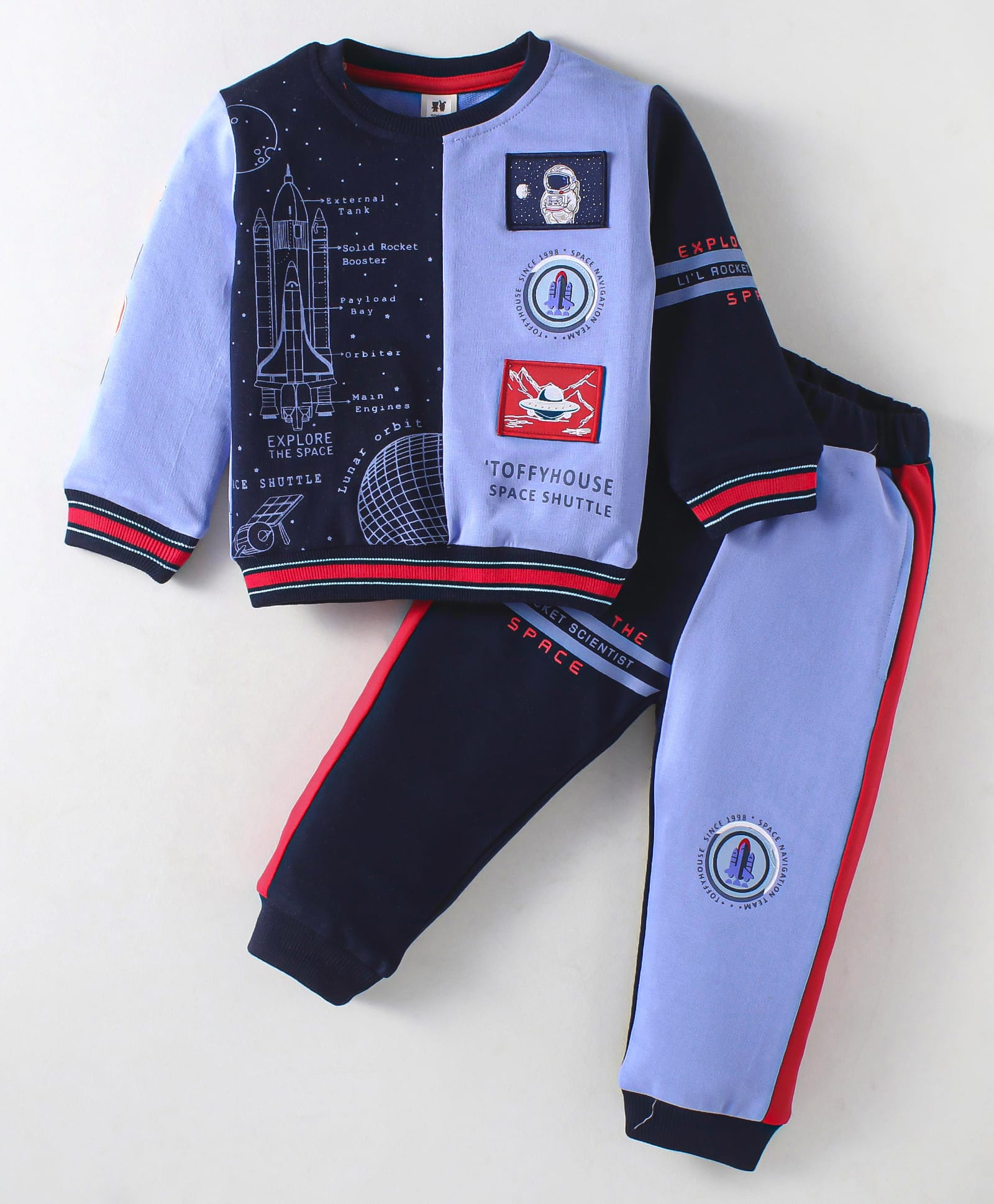ToffyHouse Knitted Full Sleeves T-Shirt & Lounge Pant Set with Space Theme Prints & Patch Work - Blue & Navy Blue-picture-9