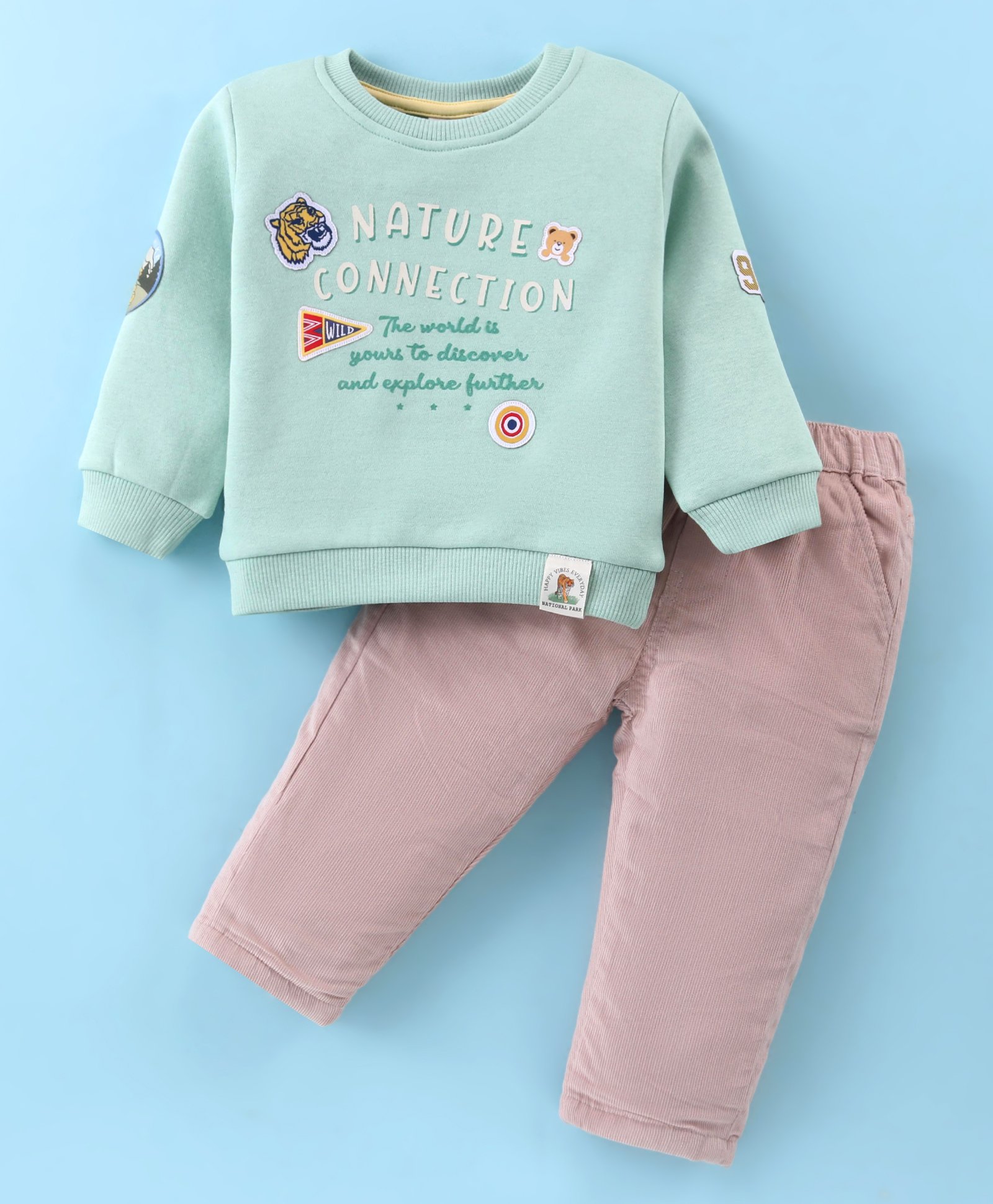 ToffyHouse 100% Cotton Knit Full Sleeves Winter Wear Sweatshirt & Lounge Pant Set with Text Print & Patch - Sea Green-image-47