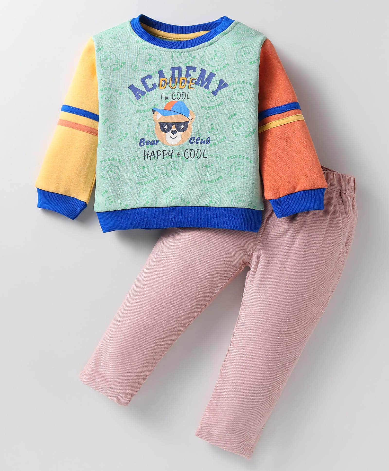 ToffyHouse 100% Cotton Knit Full Sleeves Cut & Sew Winter Wear T-Shirt & Joggers Set with Bear &Text Print - Mint-image-28