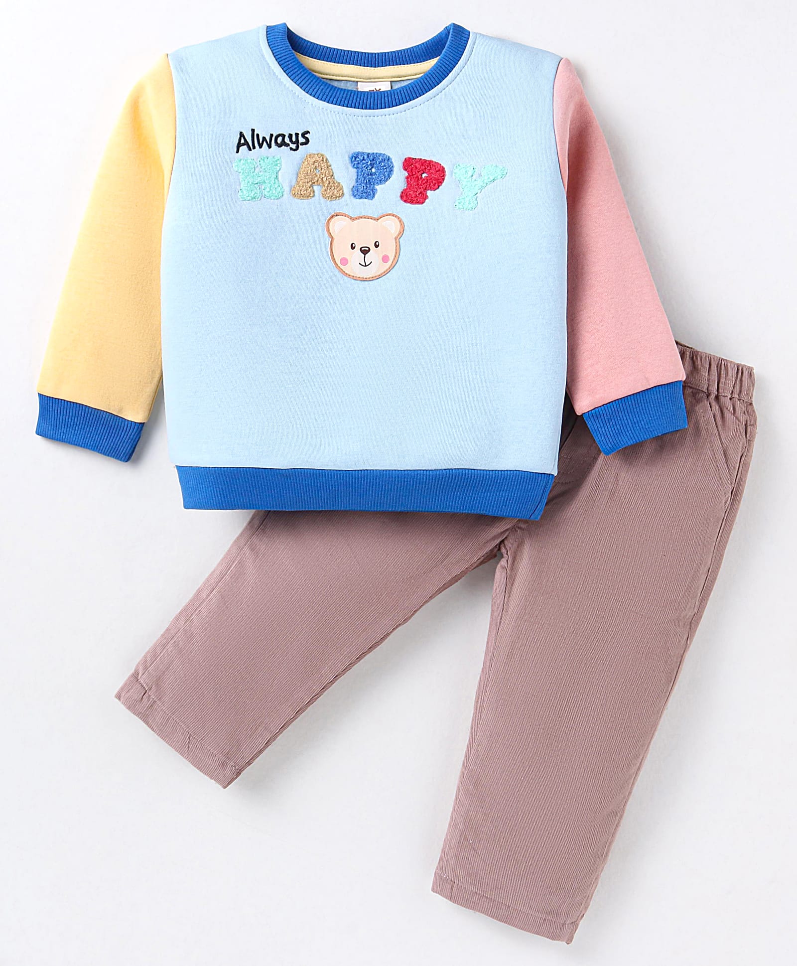 ToffyHouse 100% Cotton Knit Full Sleeves Corduroy Winter Wear Cut & Sew Sweatshirt & Jogger Set with Text Embroidery - Light Blue Pink & Yellow-image-12