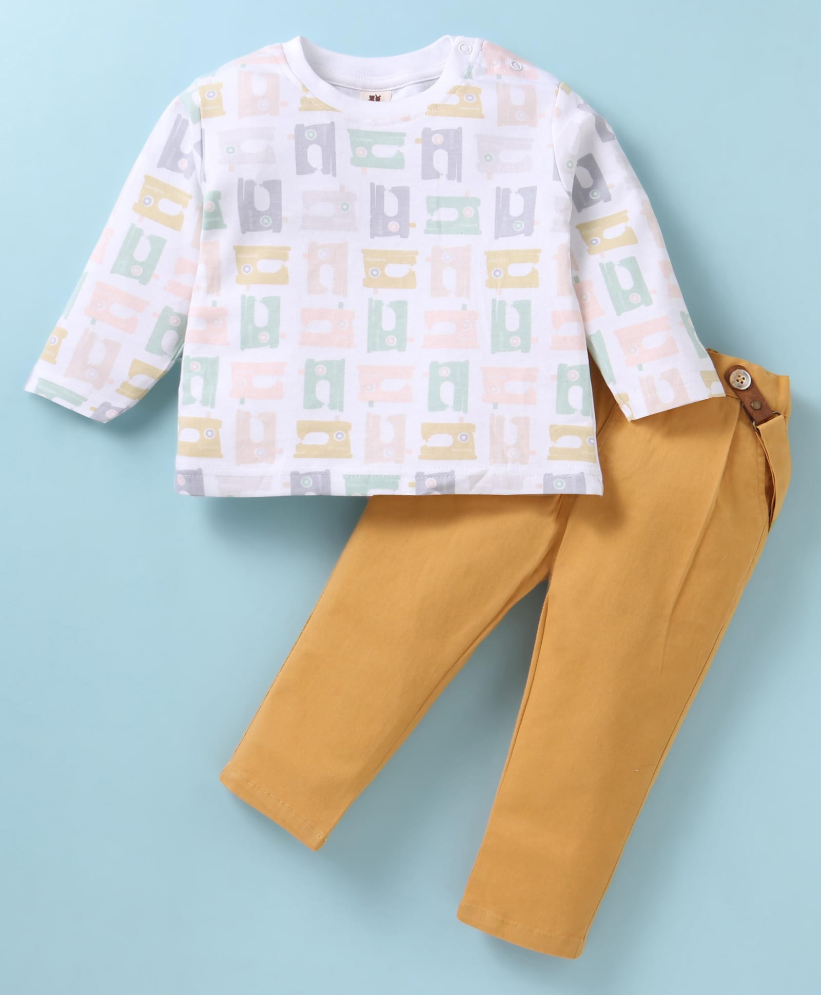 ToffyHouse Full Sleeves Printed T-Shirt & Trouser Set With Suspender - Honey Gold-image-3