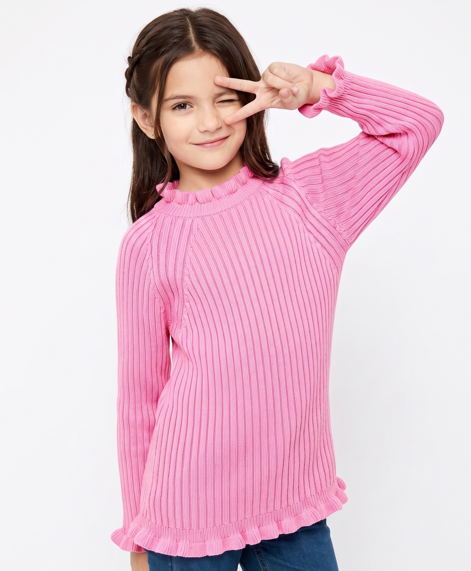 Pine Kids Knit Raglan Full Sleeves Solid Color Sweater - Pink-picture-19