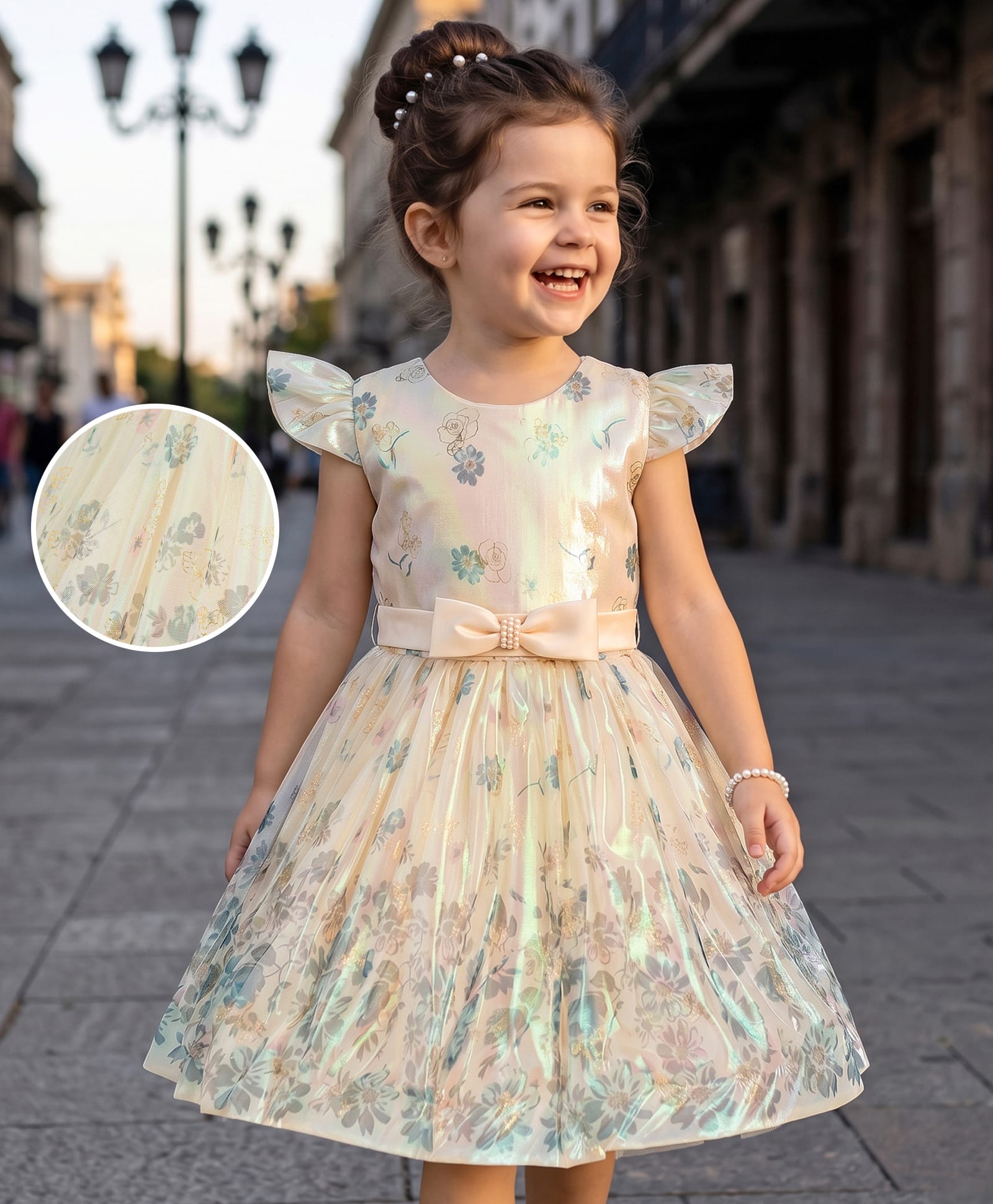 Mark & Mia Frill Sleeves Floral Printed Party Frock with Bow Applique - Off White-image-37