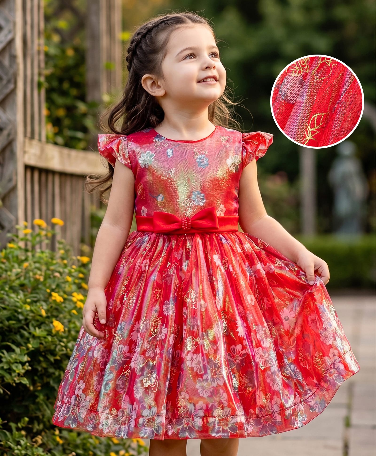 Mark & Mia Frill Sleeves Floral Printed Party Frock with Bow Applique - Red-image-45
