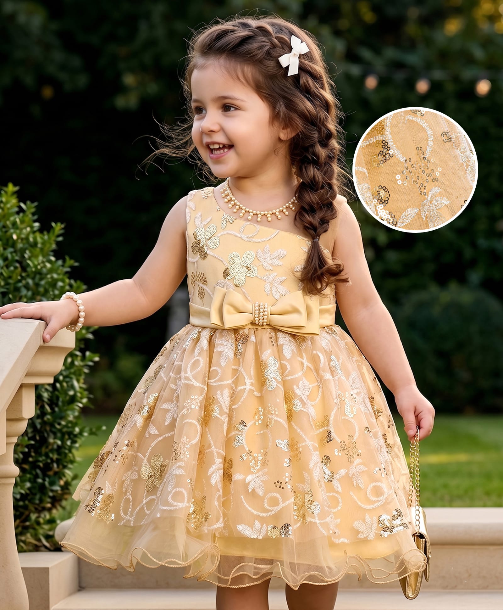 Mark & Mia Sleeveless Sequined Floral Embroidered Party Frock with Bow & Pearl Detailing - Golden-image-33