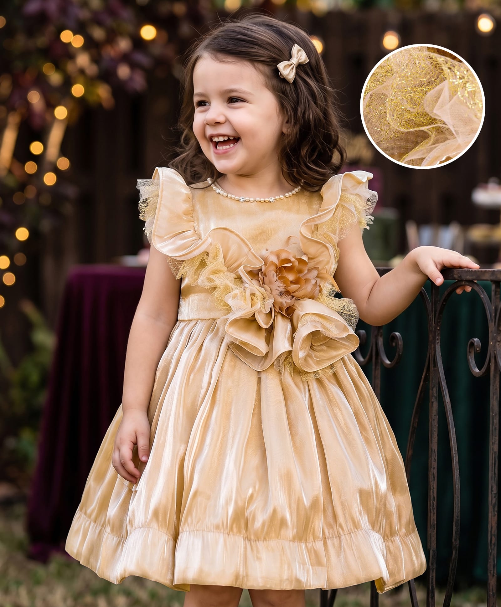 Mark & Mia  Frill Sleeves Party Frock with Floral Corsage & Pearl Detailing - Golden-image-34