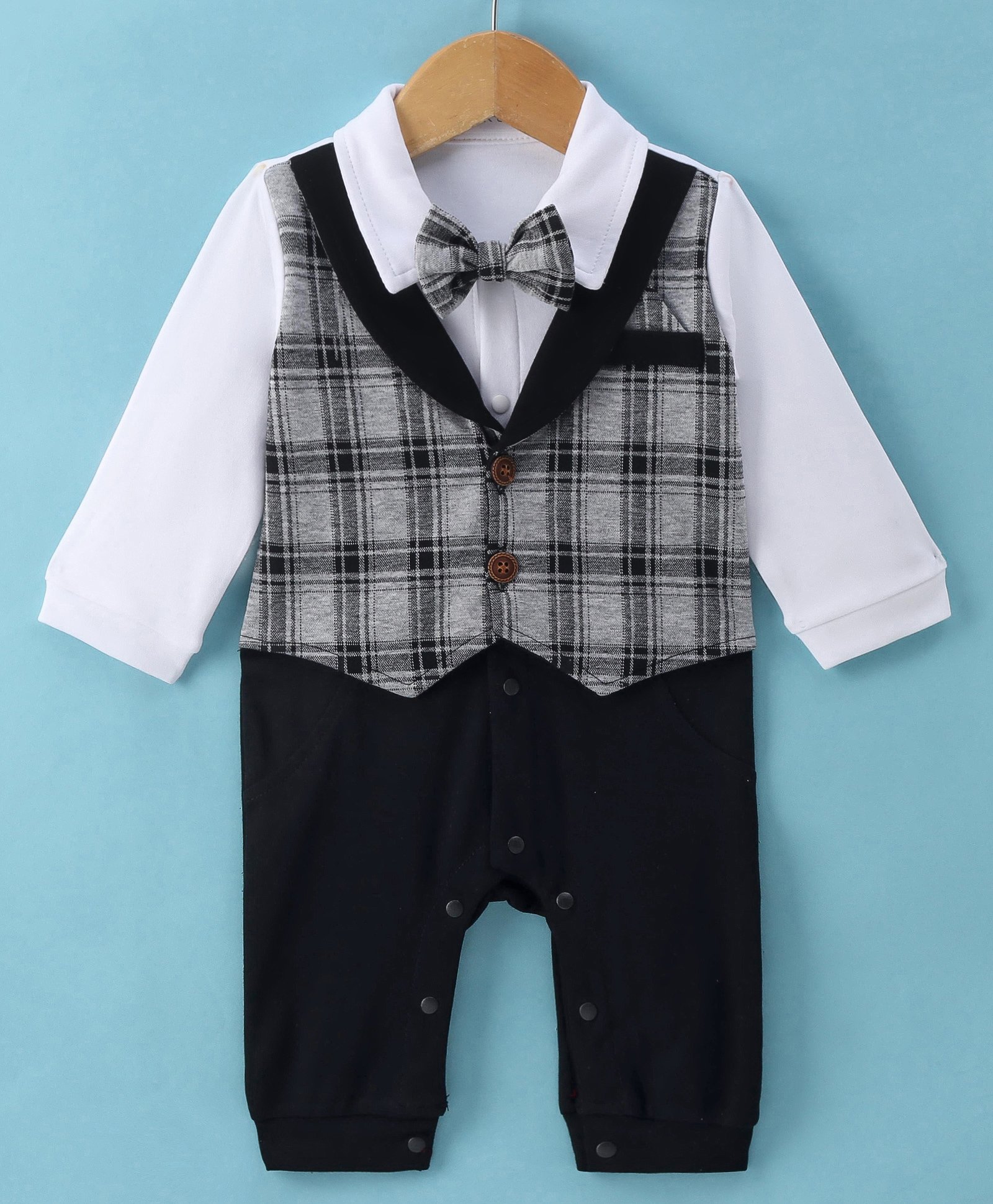Mark & Mia Full Sleeves Romper with Attached CheckeredWaist Coat & Bow - White& Black-picture-24