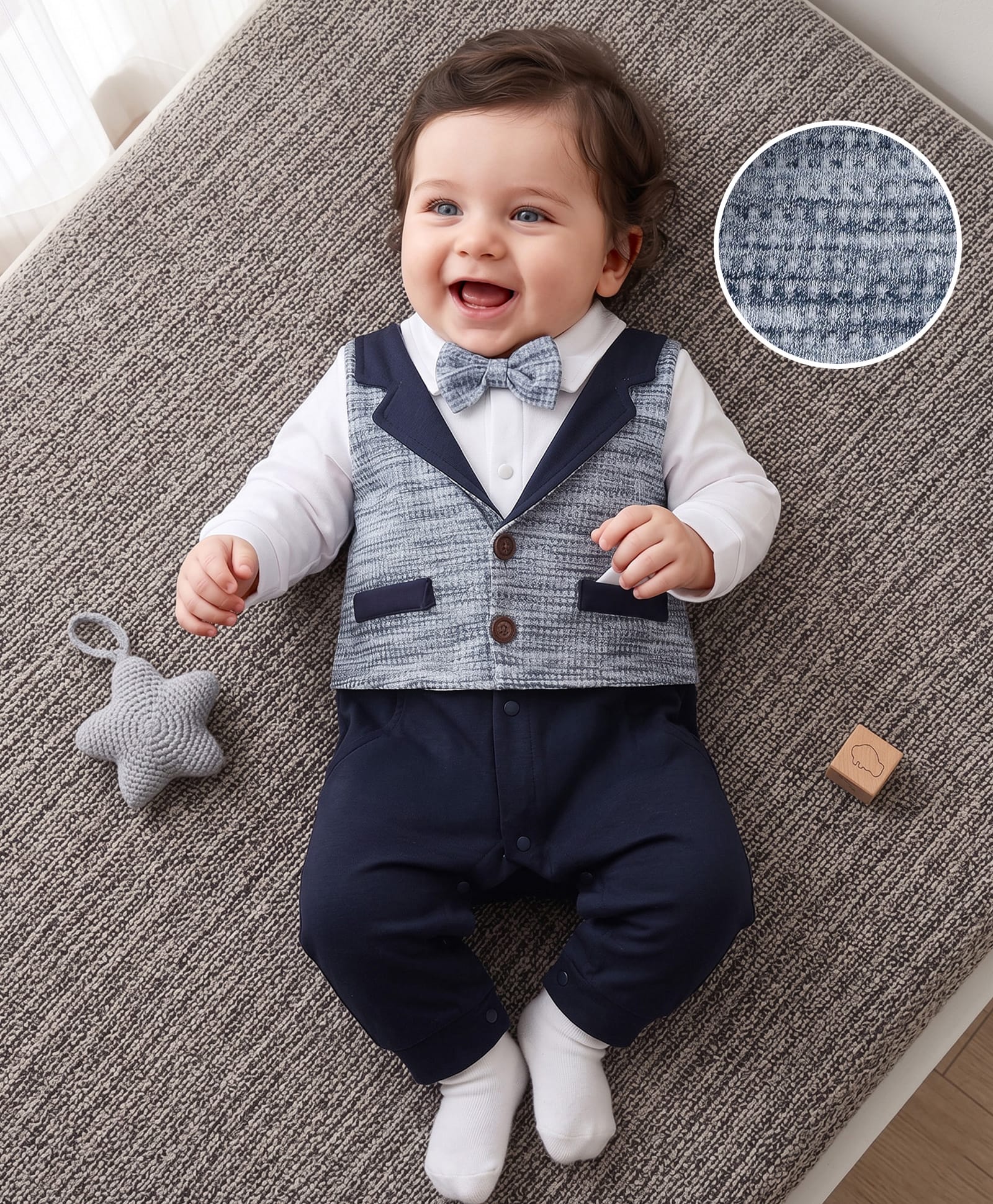 Mark & Mia Full Sleeves Textured Romper with Bow -Blue & White-image-33