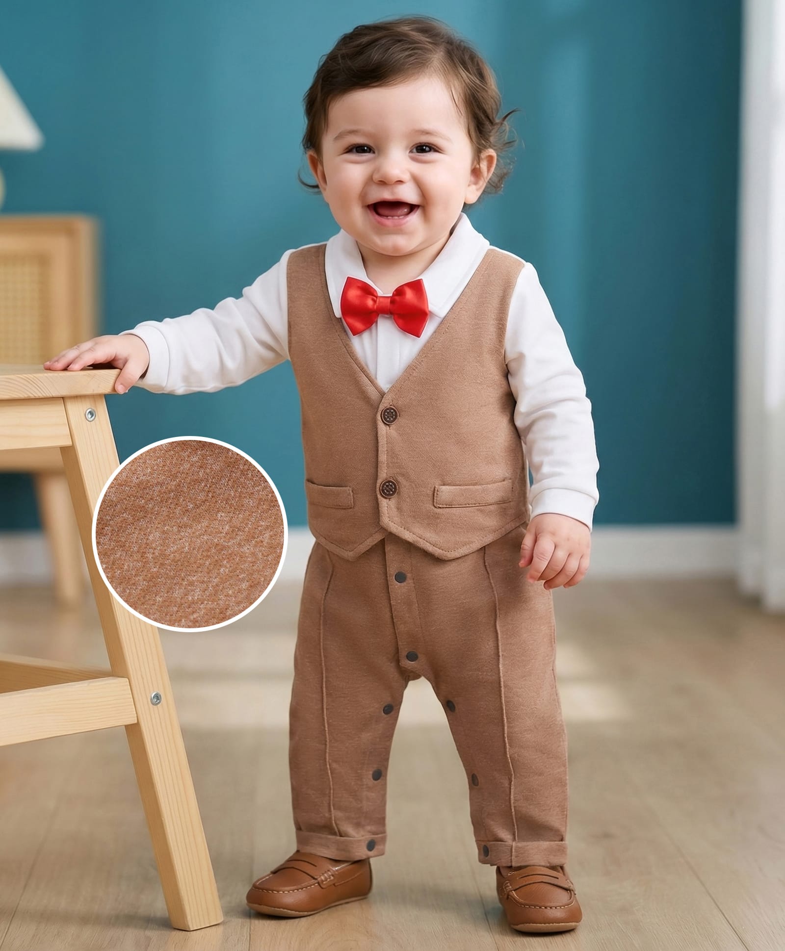 Mark & Mia Full Sleeves Solid Colour Textured Party Romper with Attached Waist Coat & Bow- Light Brown & White-picture-22