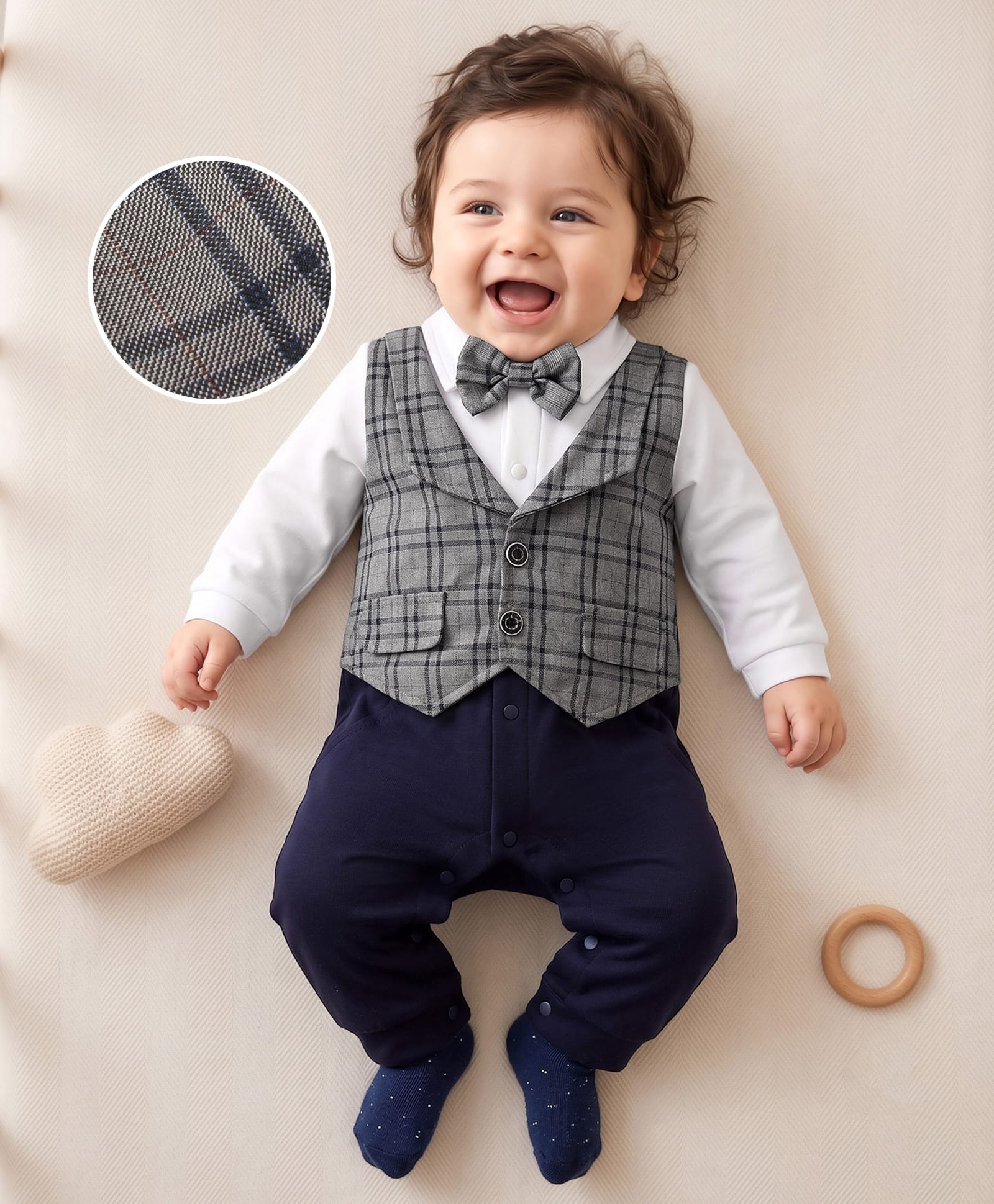 Mark & Mia Full Sleeves Party Romper with Attached CheckeredWaist Coat & Bow - Grey White & Blue-image-24