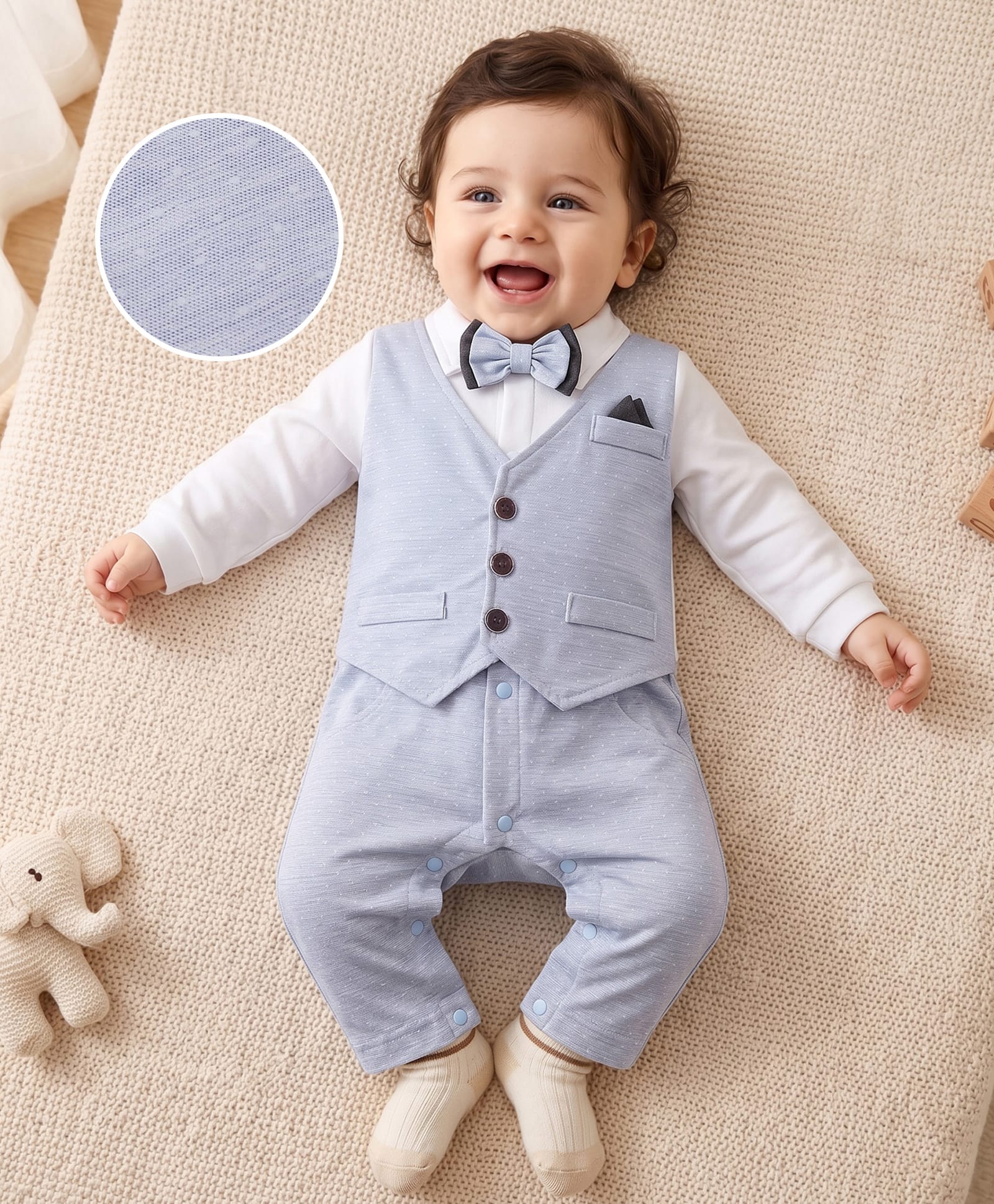 Mark & Mia Full Sleeves Printed Party Romper with Attached Waist Coat & Bow - Greyish Blue-image-27