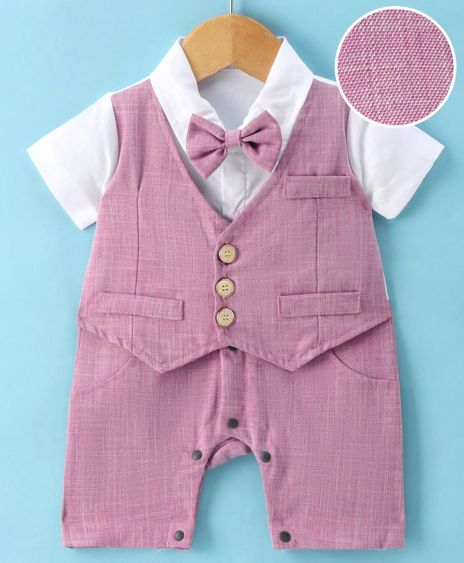 Mark & Mia Half Sleeves Solid Colour Party Romper with Attached Waist Coat & Bow - Pink-picture-27
