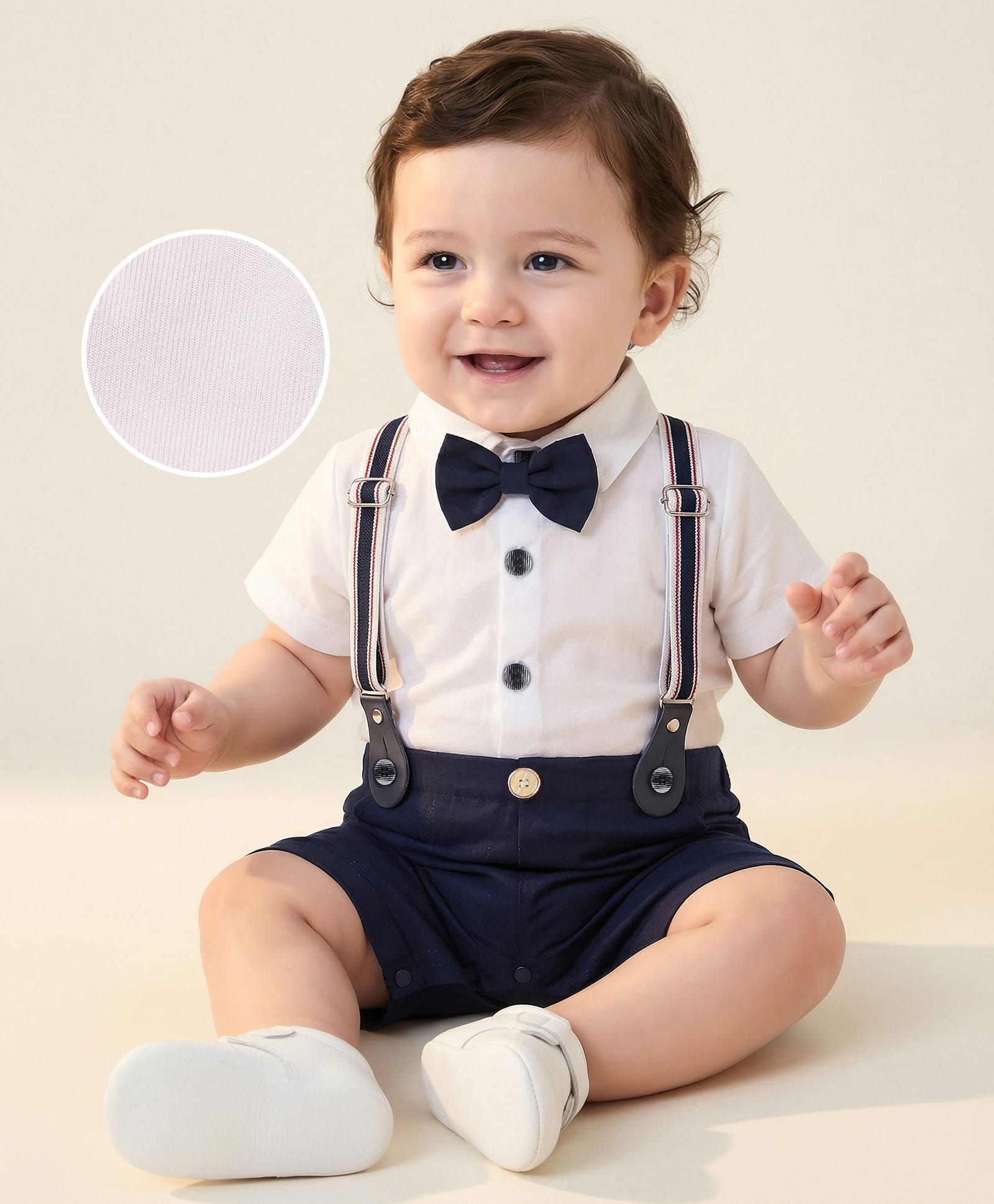 Mark & Mia Half Sleeves Solid ColourParty Romper with Bow & Suspender - Navy & White-picture-12