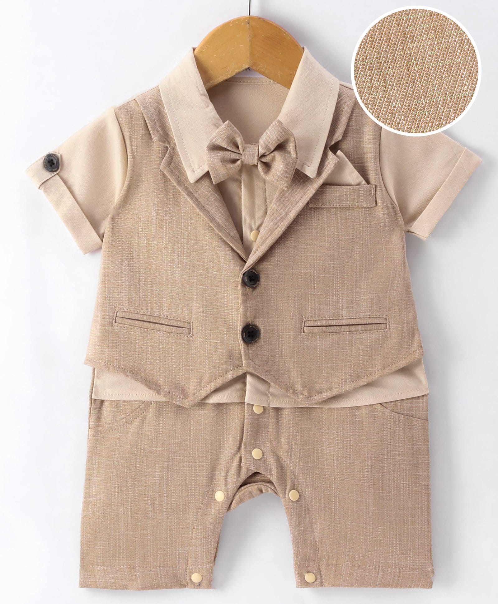 Mark & Mia Half Sleeves Solid Colour Party Romper with Attached Waist Coat & Bow - Tan-picture-22