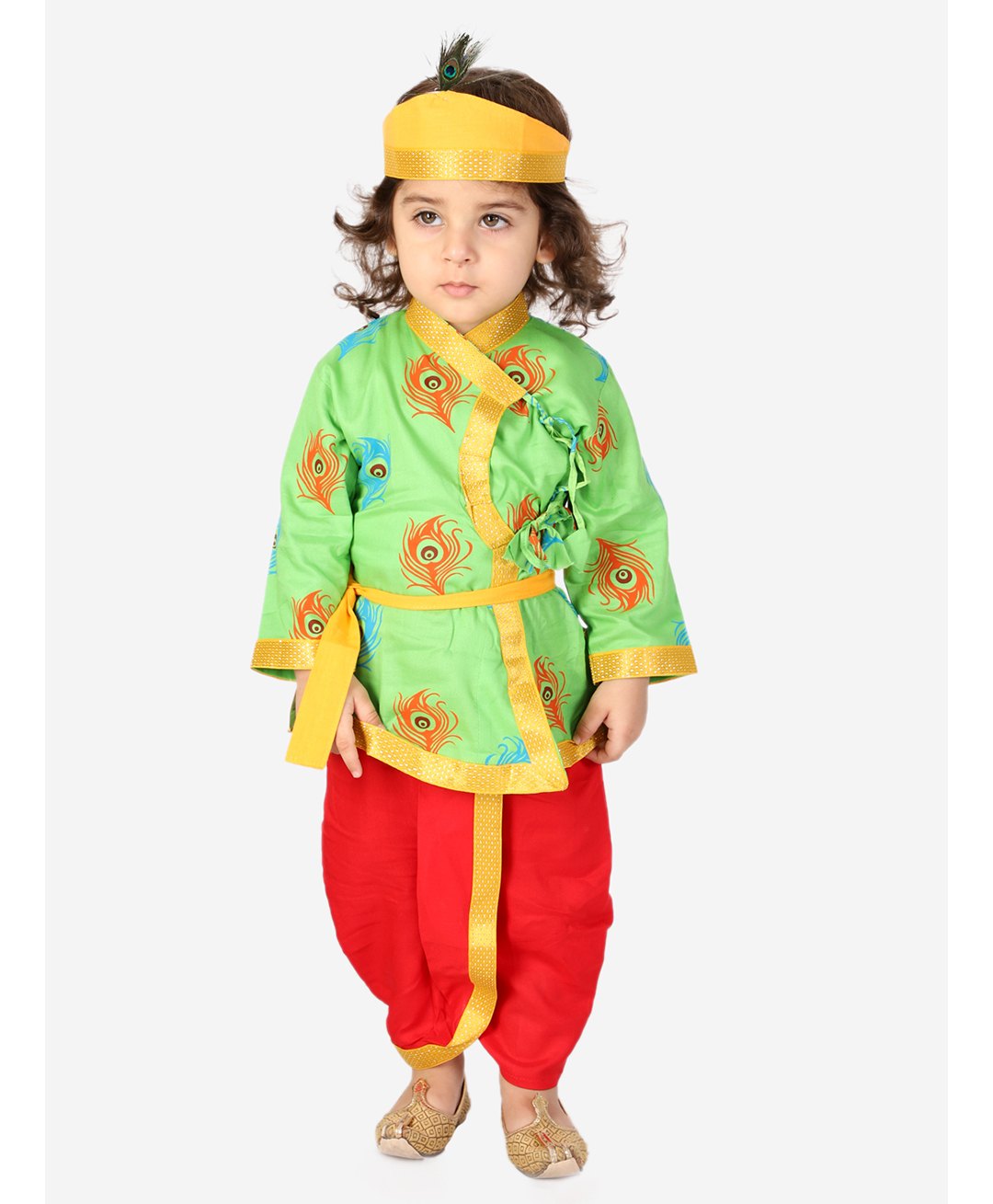 KID1 Janmashtami Theme Full Sleeves Mor Pankh Printed Krishna Costume Set - Green-picture-12