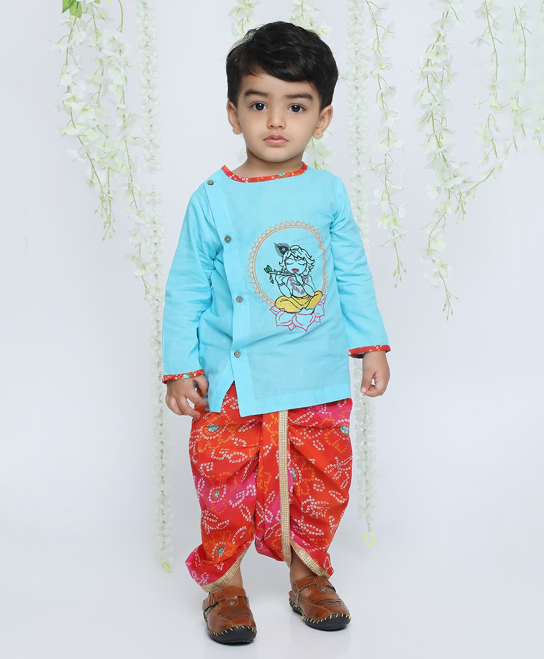 KID1 Janmastami Theme Cotton Full Sleeves Krishna Embroidered Kurta With Bandhani Printed & Lace Detailed Dhoti Set - Skyblue