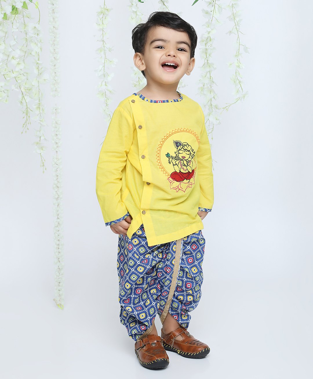 KID1 Janmastami Theme Cotton Full Sleeves Krishna Embroidered Kurta  With Bandhani Printed & Lace Detailed Dhoti Set - Yellow-picture-35