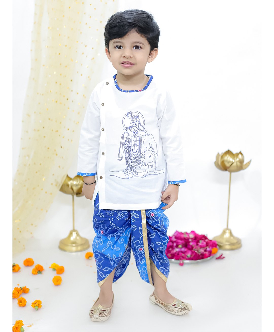 KID1 Janmastami Theme Cotton Full Sleeves Krishna Embroidered Kurta With Bandhani Printed & Lace Detailed Dhoti Set - White & Blue