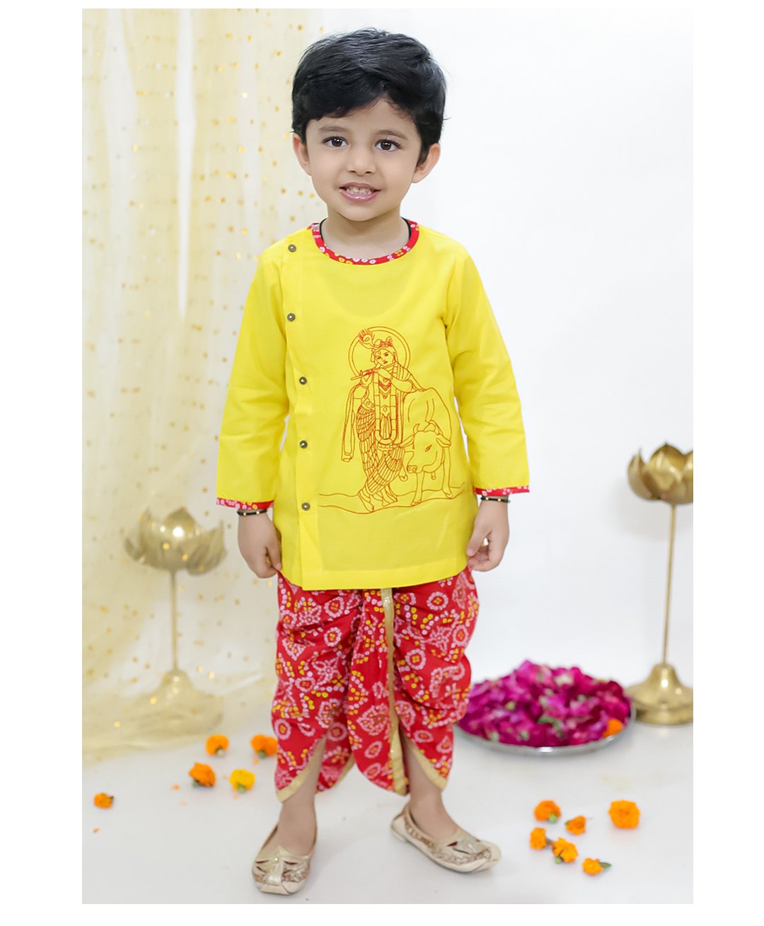 KID1 Janmastami Theme Cotton Full Sleeves Krishna Embroidered Kurta With Bandhani Printed & Lace Detailed Dhoti Set - Yellow & Red-picture-41