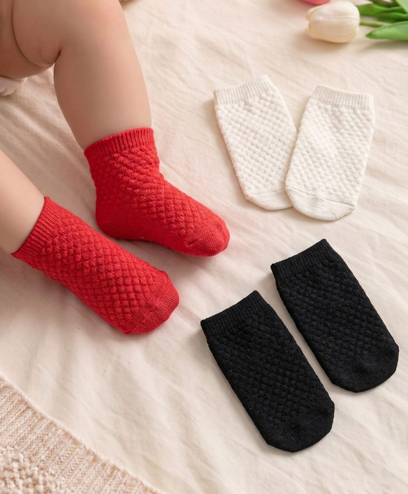 Cute Walk by Babyhug Anti-Bacterial Ankle Length Solid Color Socks Pack of 3 - Red White & Black-image-35